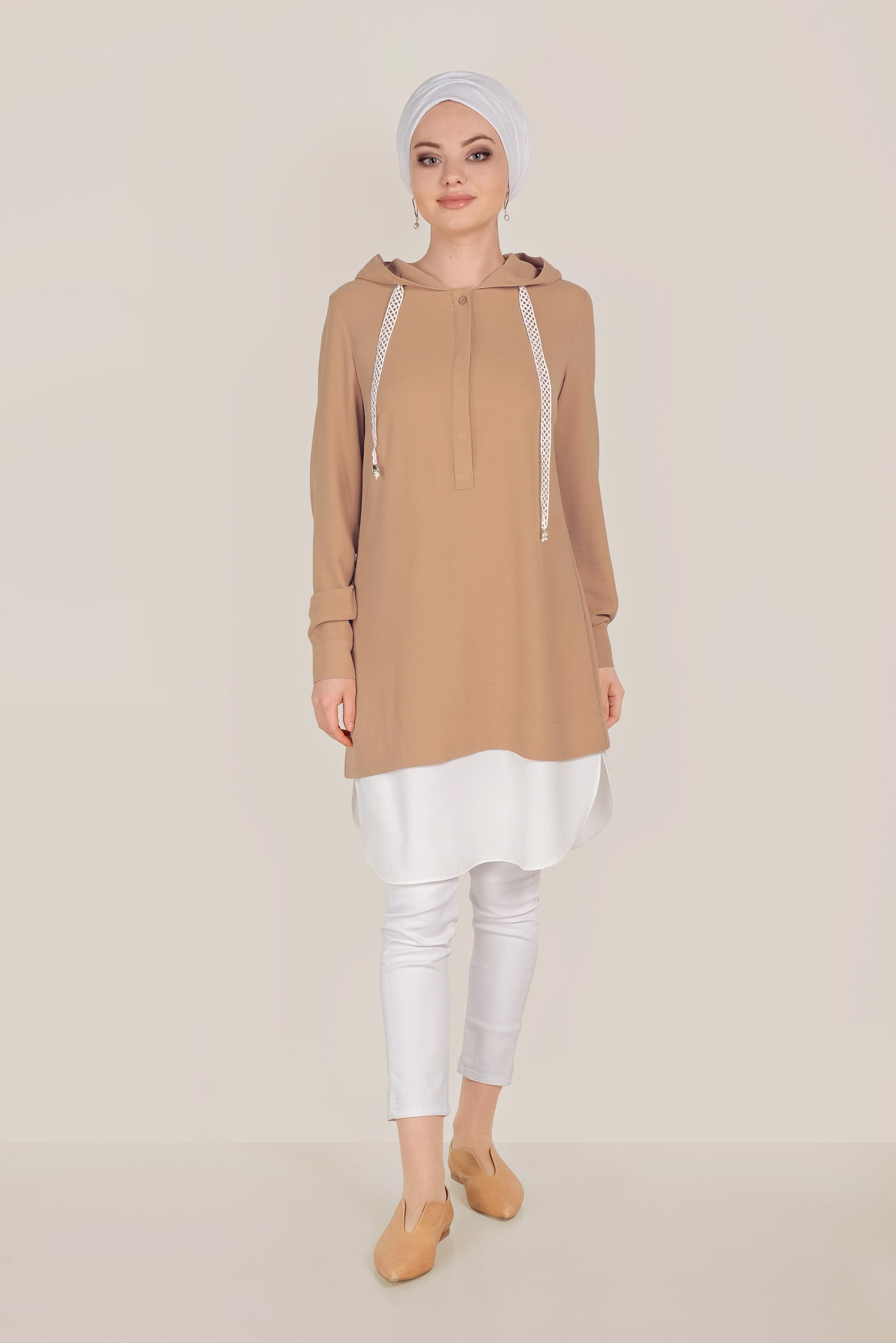 Tesettür giyim KAHVE PAMUKLU GÖMLEK PARÇALI TUNİK 40512