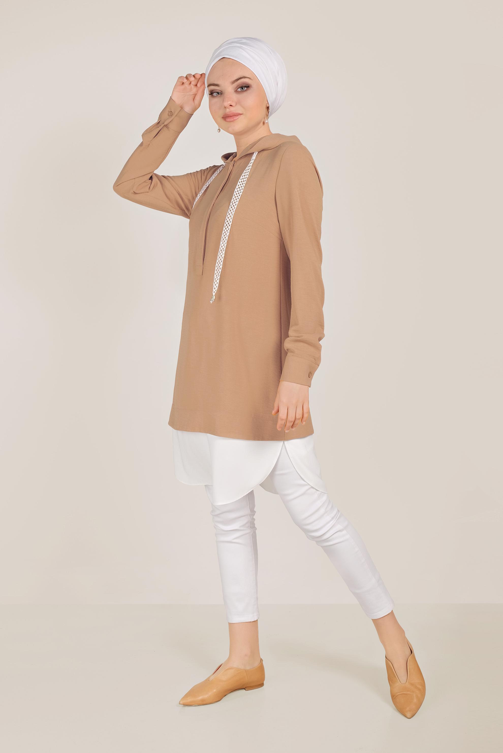 Tesettür giyim KAHVE PAMUKLU GÖMLEK PARÇALI TUNİK 40512