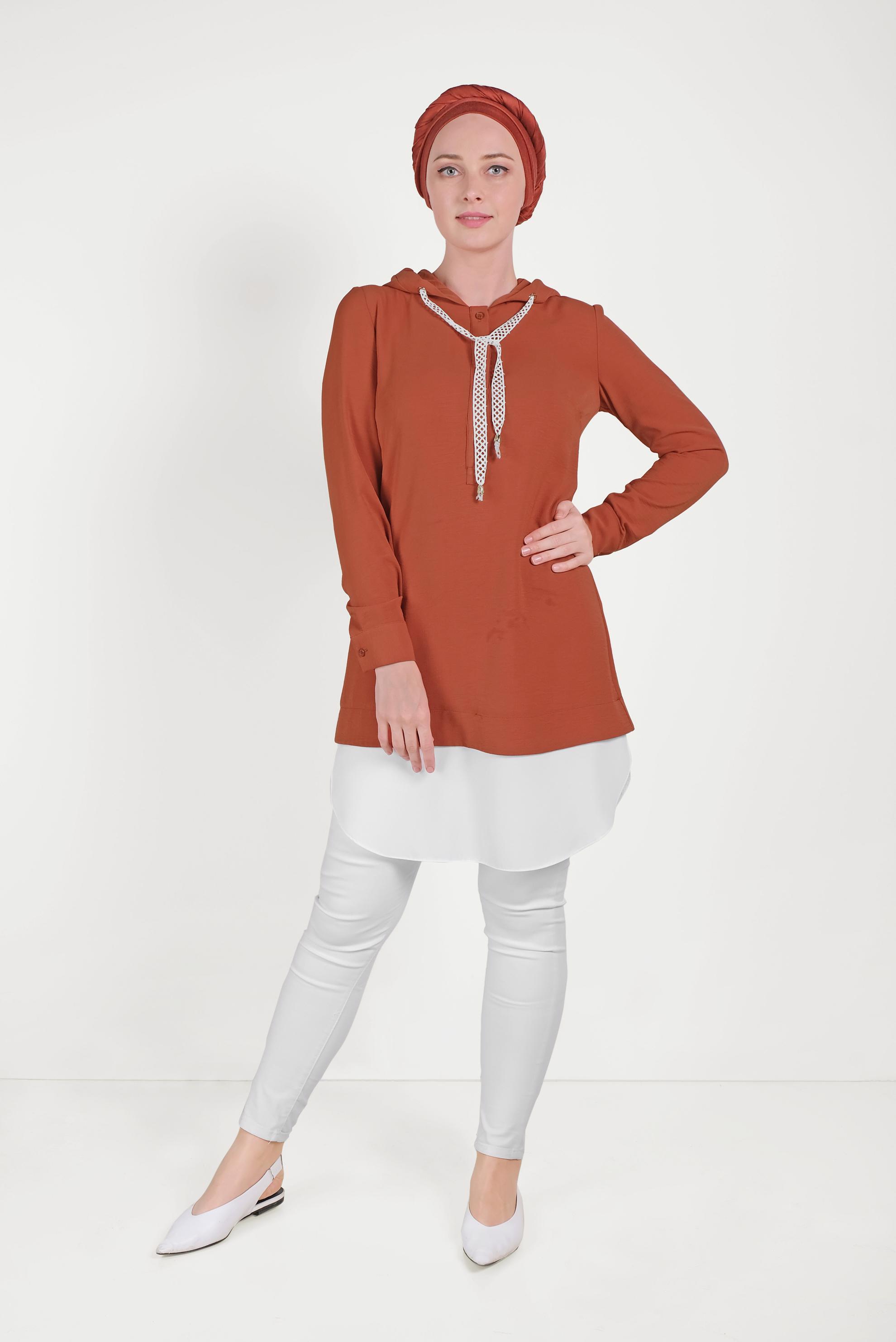 Tesettür giyim TURUNCU PAMUKLU GÖMLEK PARÇALI TUNİK 40512