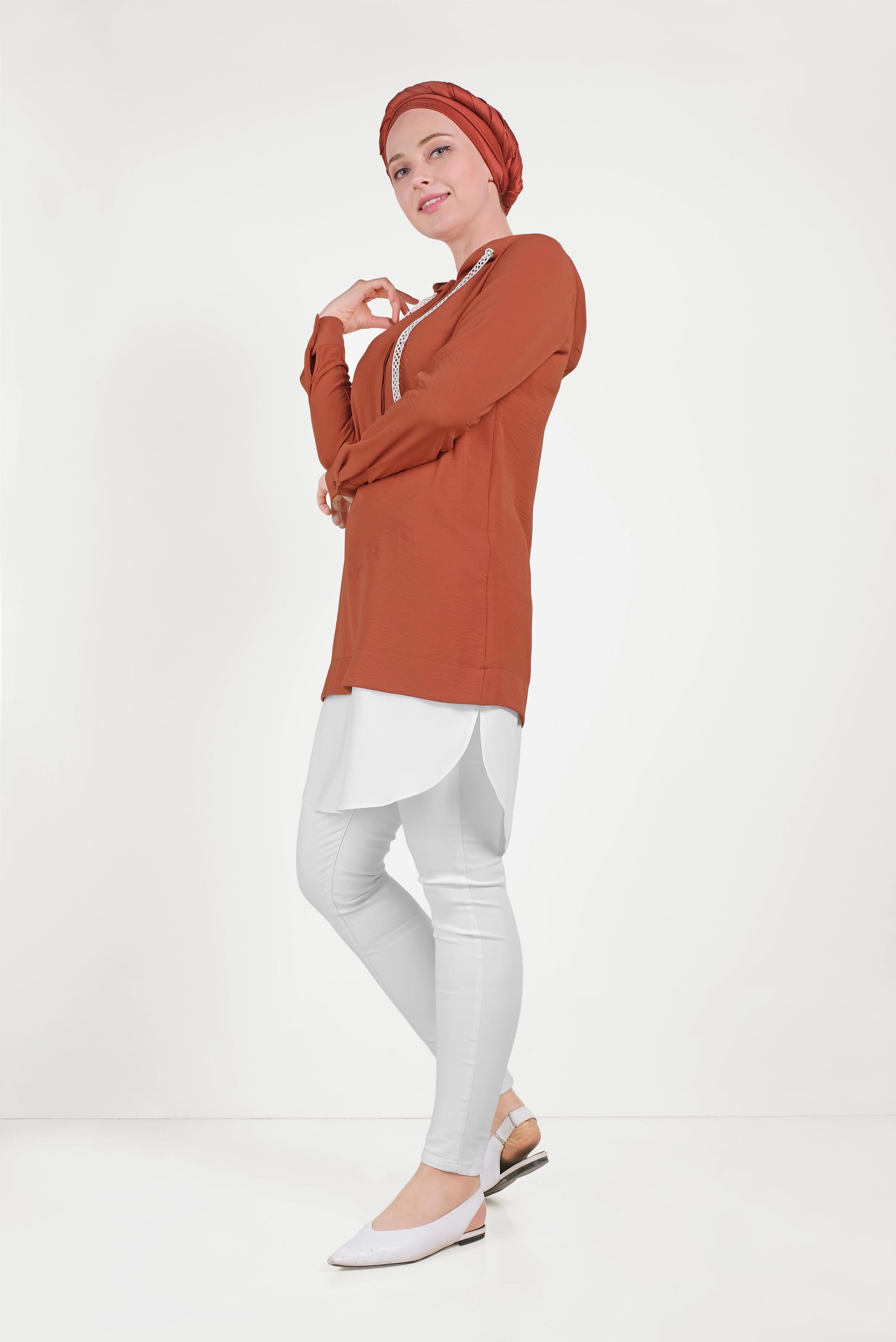 Tesettür giyim TURUNCU PAMUKLU GÖMLEK PARÇALI TUNİK 40512