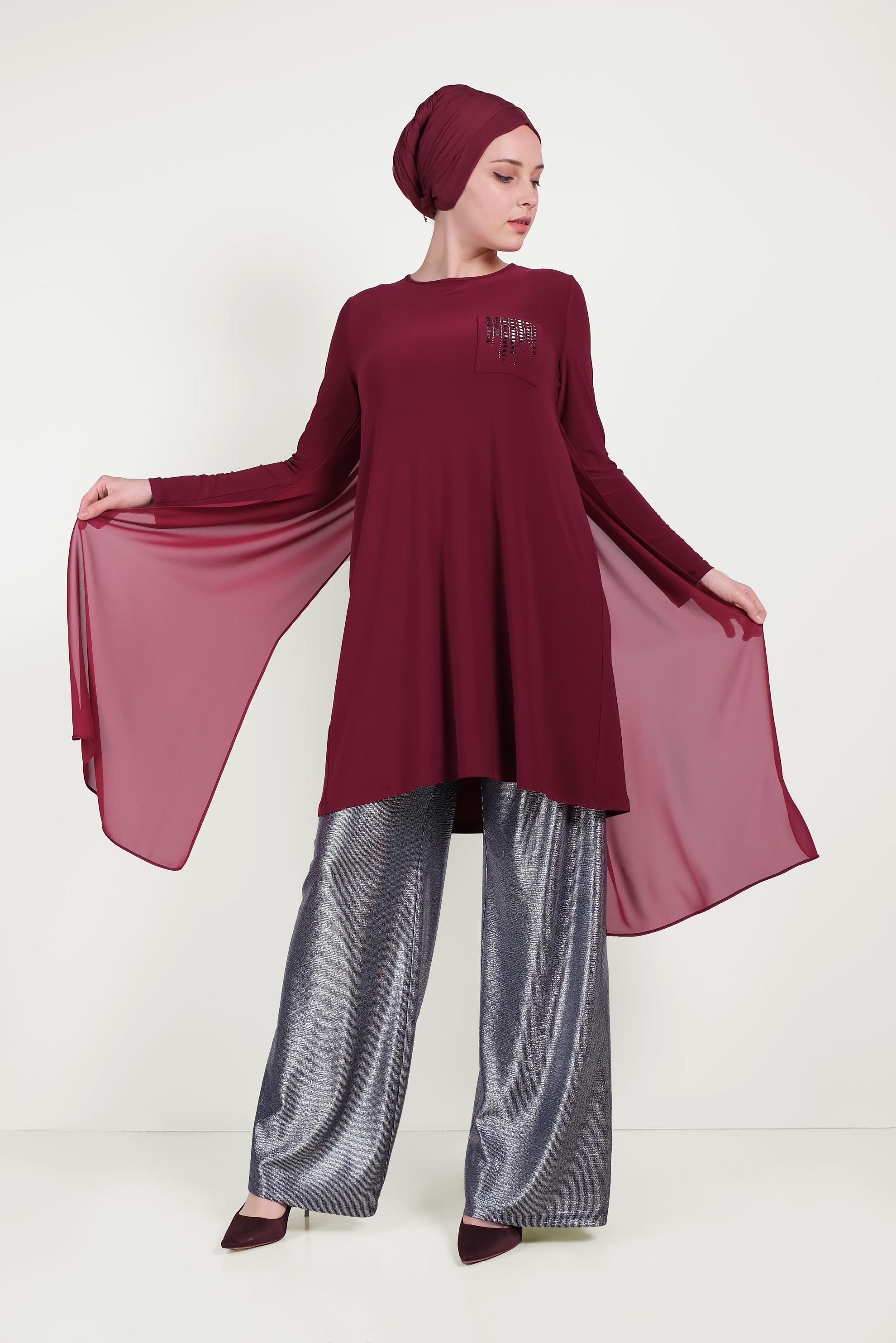 Tesettür giyim BORDO ZIMBA DETAYLI TUNİK 40514