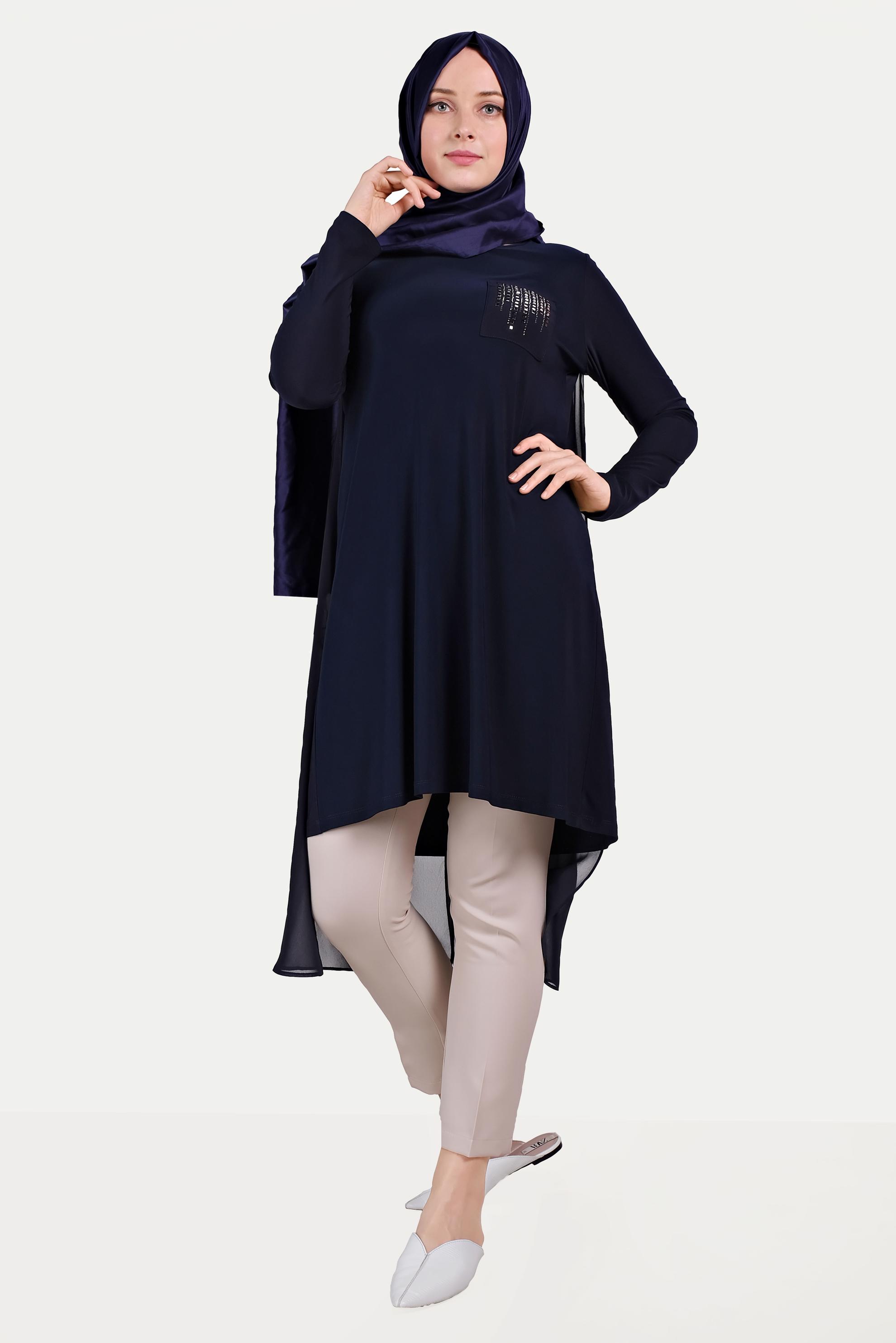 Tesettür giyim LACİVERT ZIMBA DETAYLI TUNİK 40514