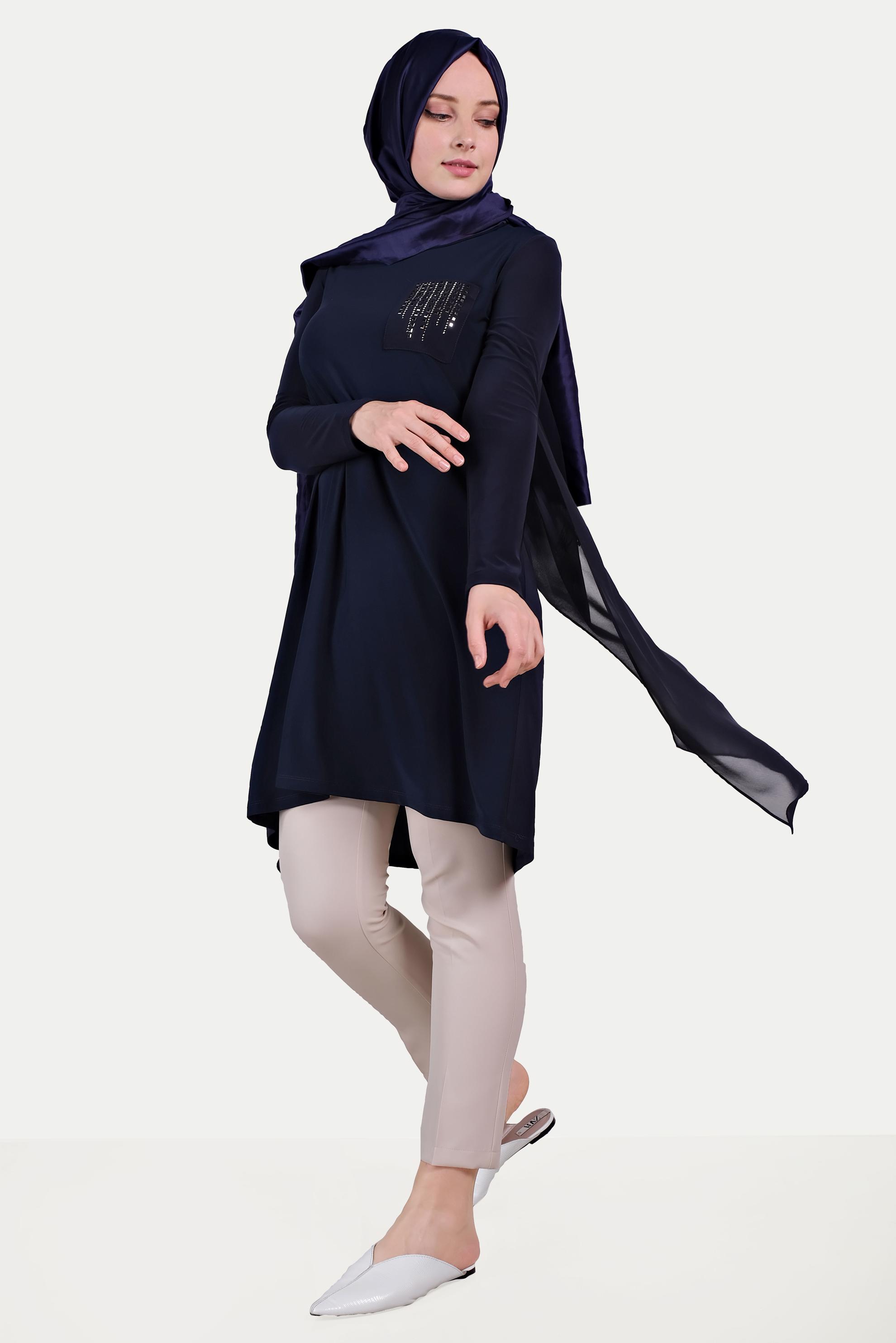 Tesettür giyim LACİVERT ZIMBA DETAYLI TUNİK 40514