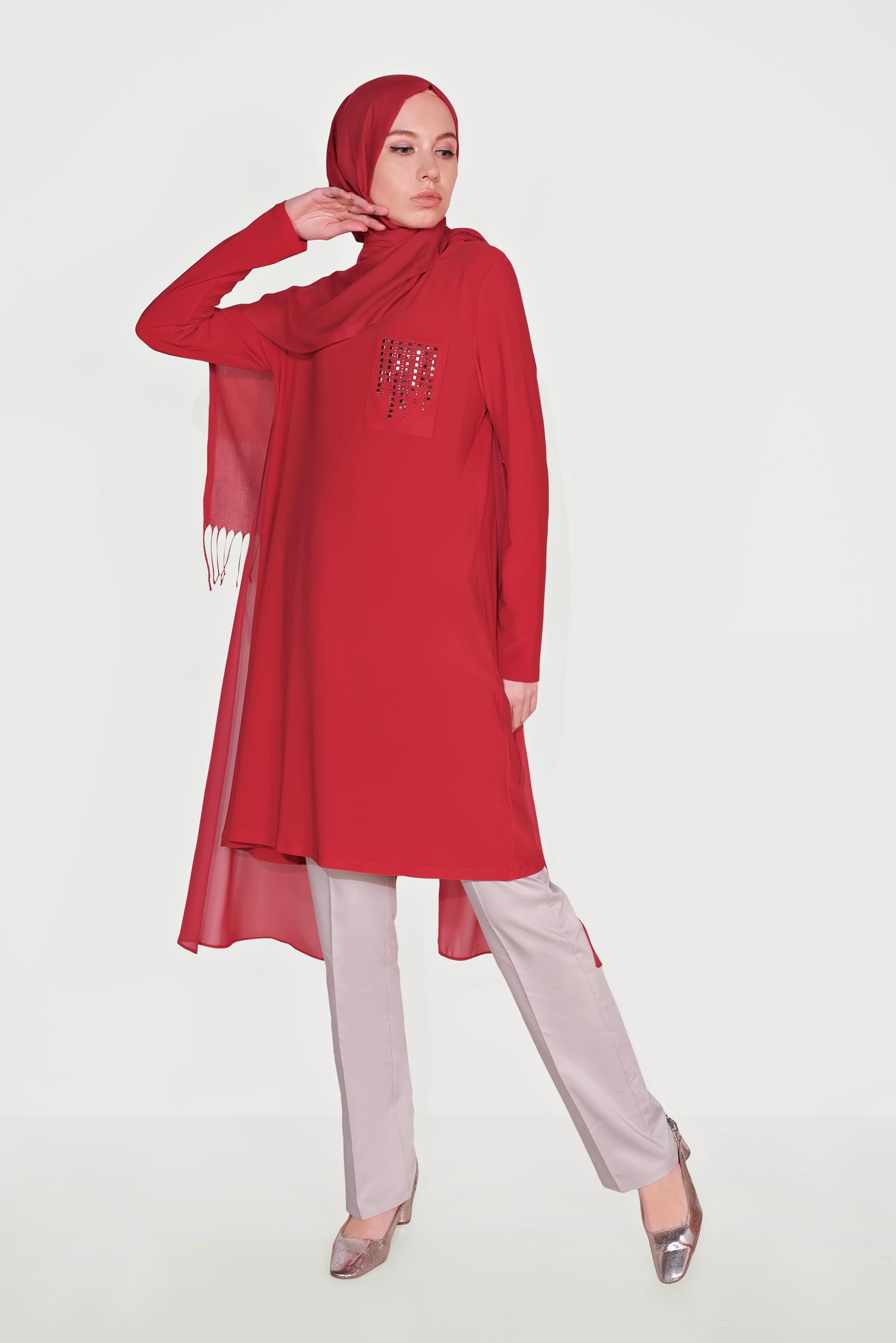 Tesettür giyim KIRMIZI ZIMBA DETAYLI TUNİK 40514