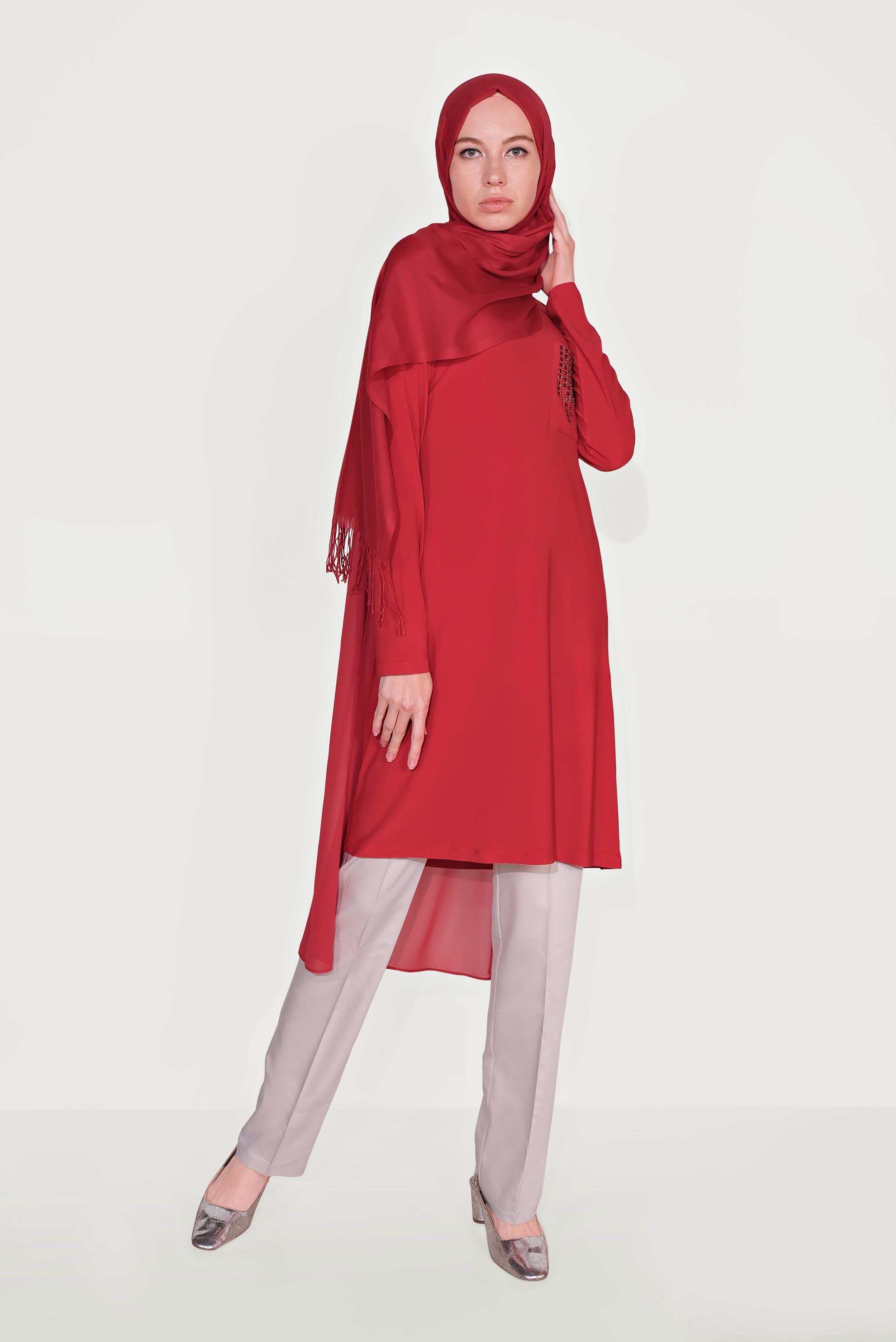 Tesettür giyim KIRMIZI ZIMBA DETAYLI TUNİK 40514