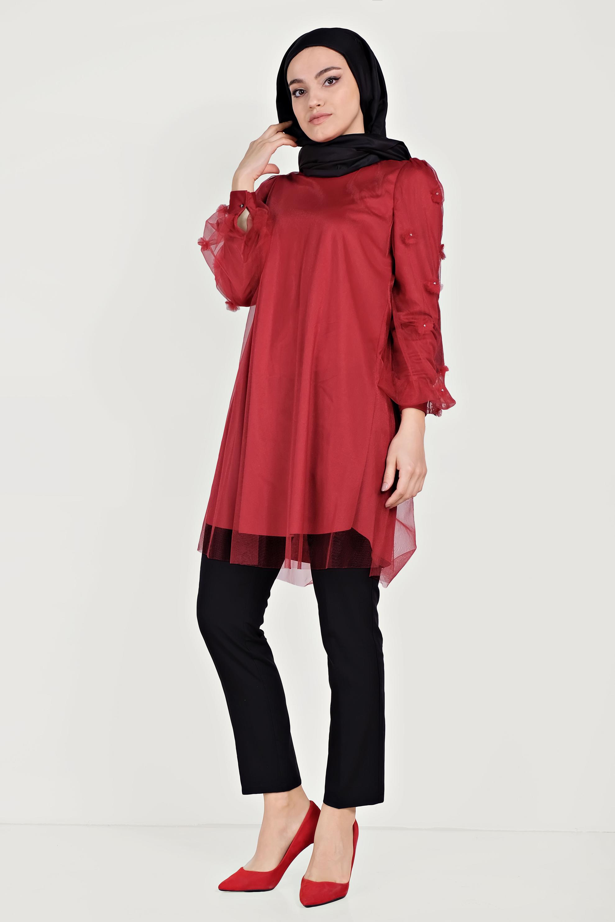 Tesettür giyim KIRMIZI ÜÇ BOYUTLU ÇİÇEK VE TÜL DETAYLI TUNİK 40519