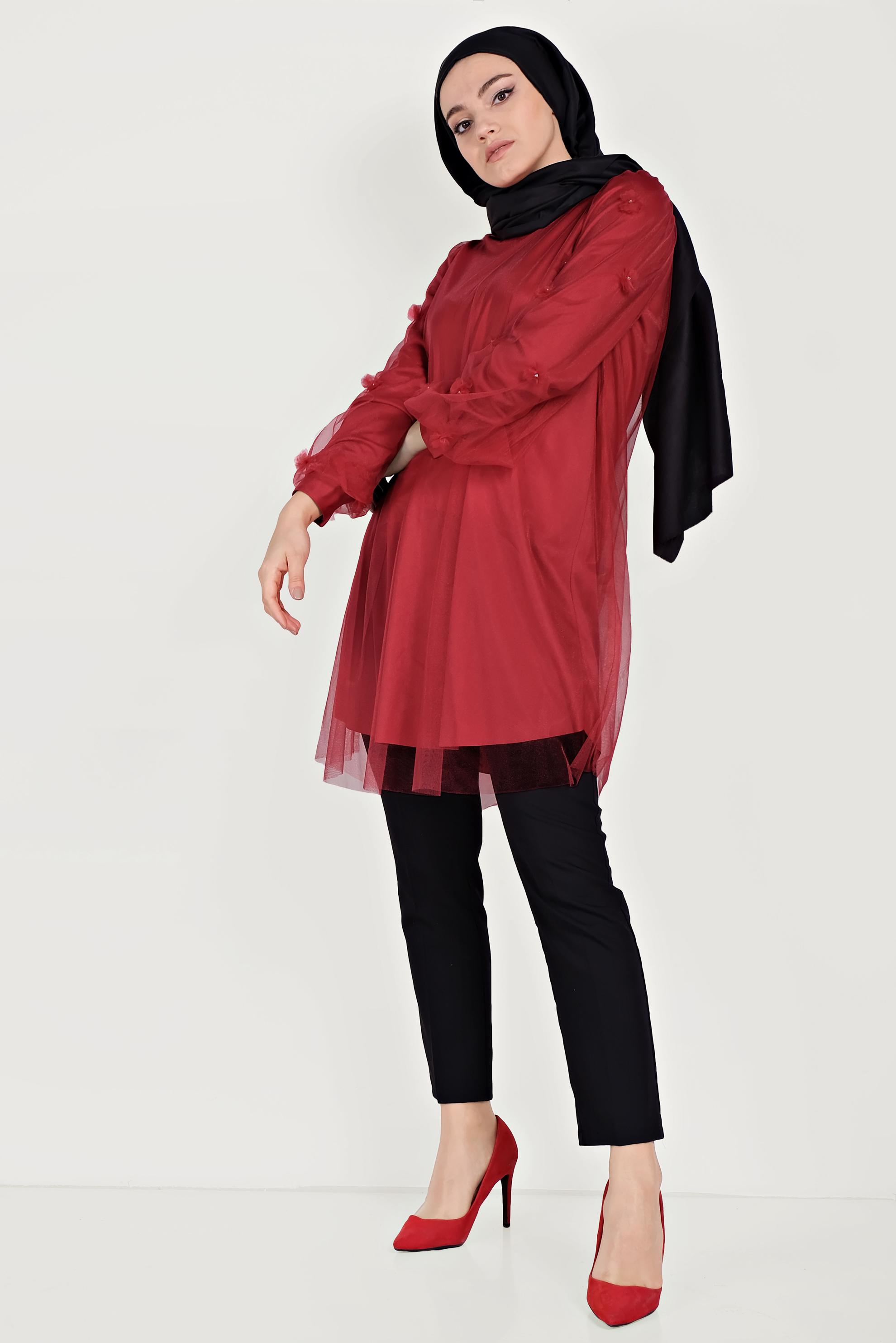 Tesettür giyim KIRMIZI ÜÇ BOYUTLU ÇİÇEK VE TÜL DETAYLI TUNİK 40519