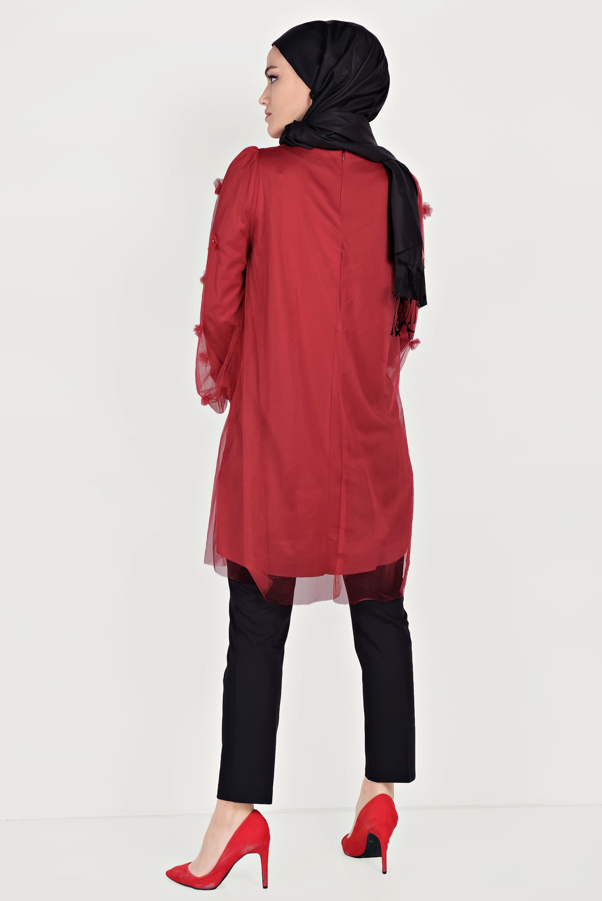 Tesettür giyim KIRMIZI ÜÇ BOYUTLU ÇİÇEK VE TÜL DETAYLI TUNİK 40519