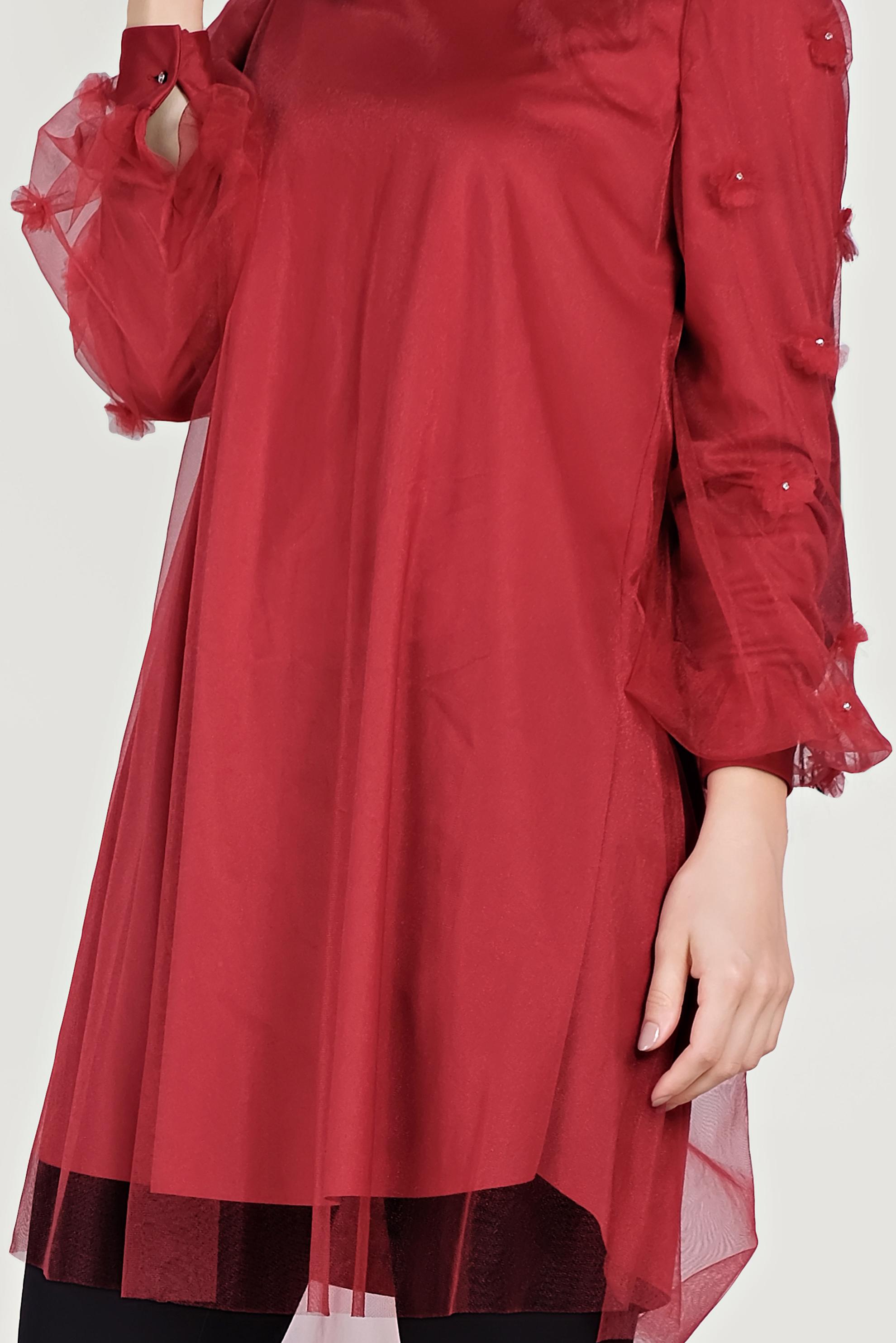 Tesettür giyim KIRMIZI ÜÇ BOYUTLU ÇİÇEK VE TÜL DETAYLI TUNİK 40519