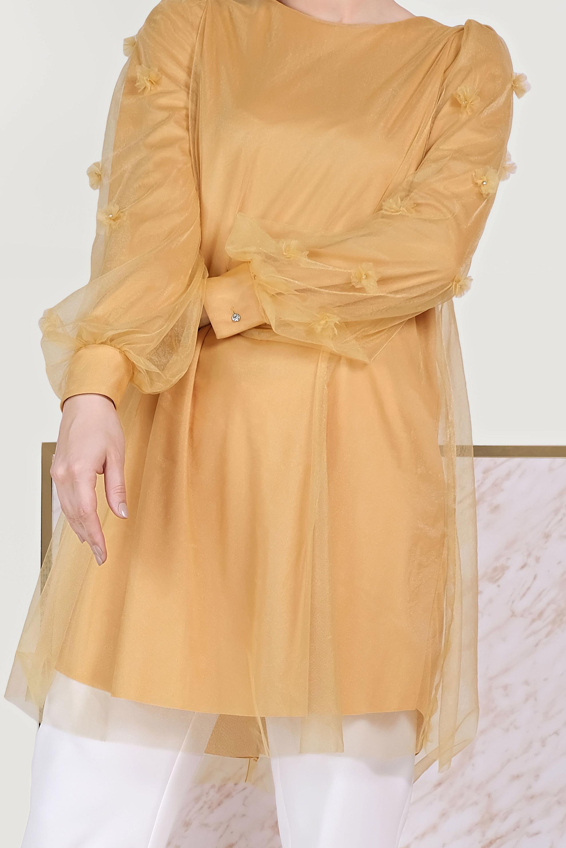 Tesettür giyim SARI ÜÇ BOYUTLU ÇİÇEK VE TÜL DETAYLI TUNİK 40519