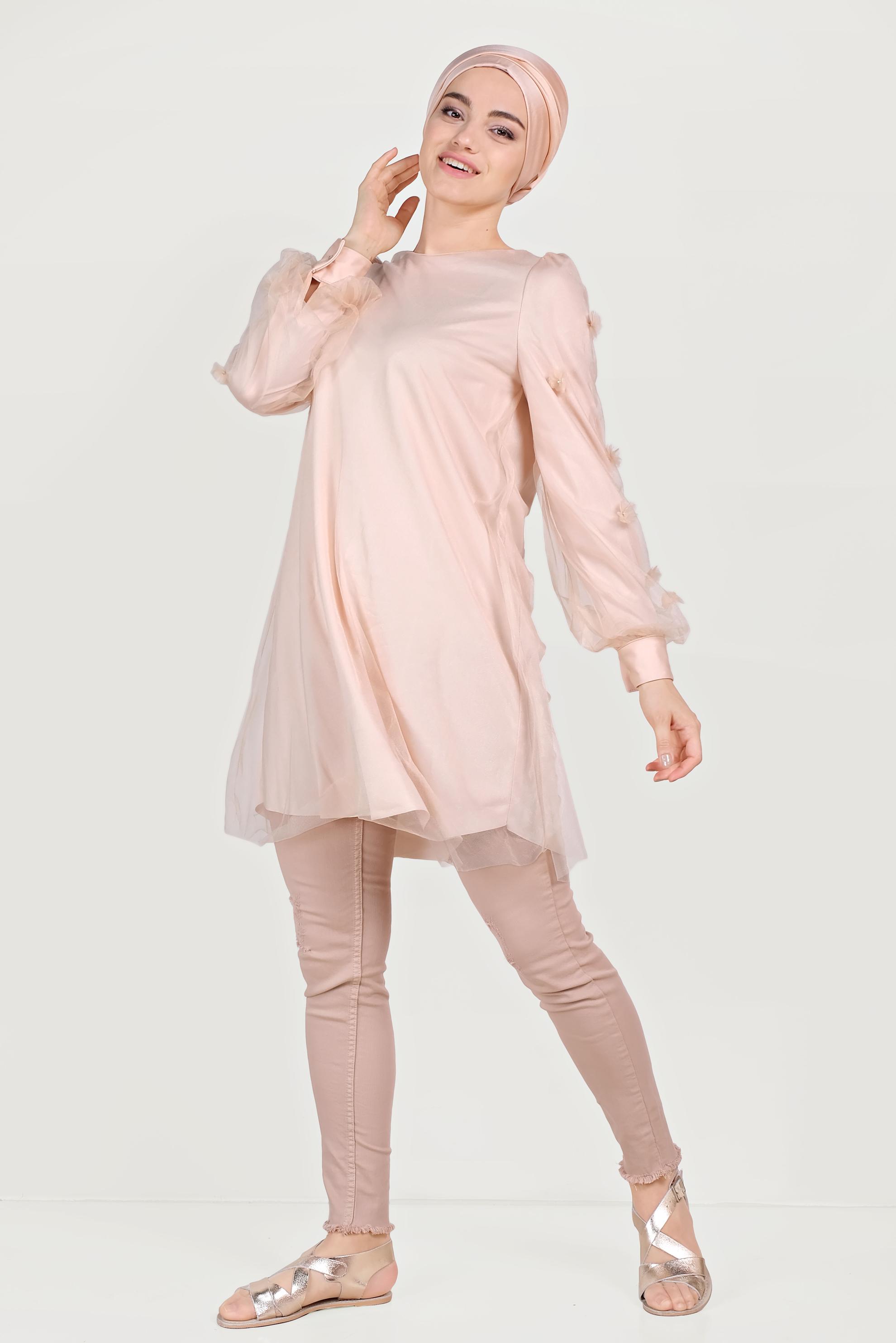 Tesettür giyim PUDRA ÜÇ BOYUTLU ÇİÇEK VE TÜL DETAYLI TUNİK 40519