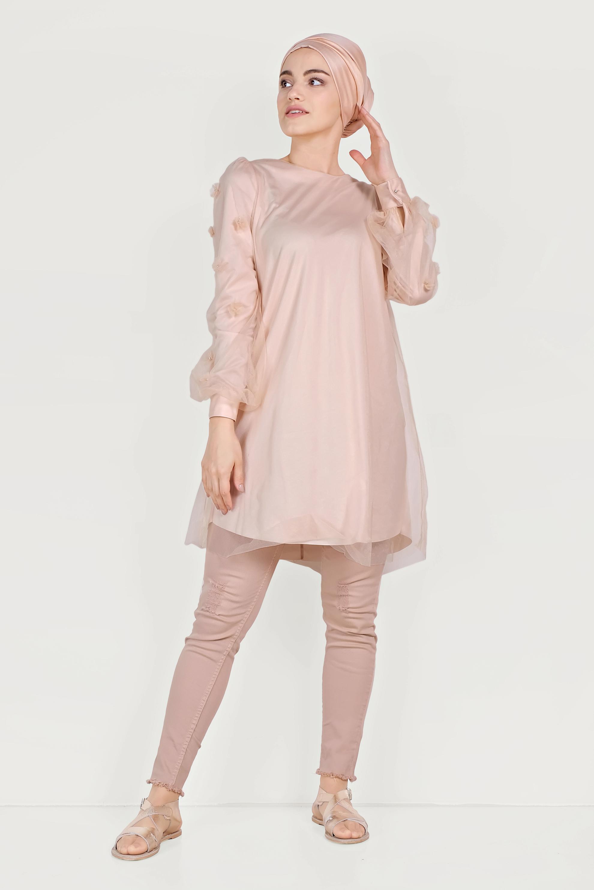 Tesettür giyim PUDRA ÜÇ BOYUTLU ÇİÇEK VE TÜL DETAYLI TUNİK 40519