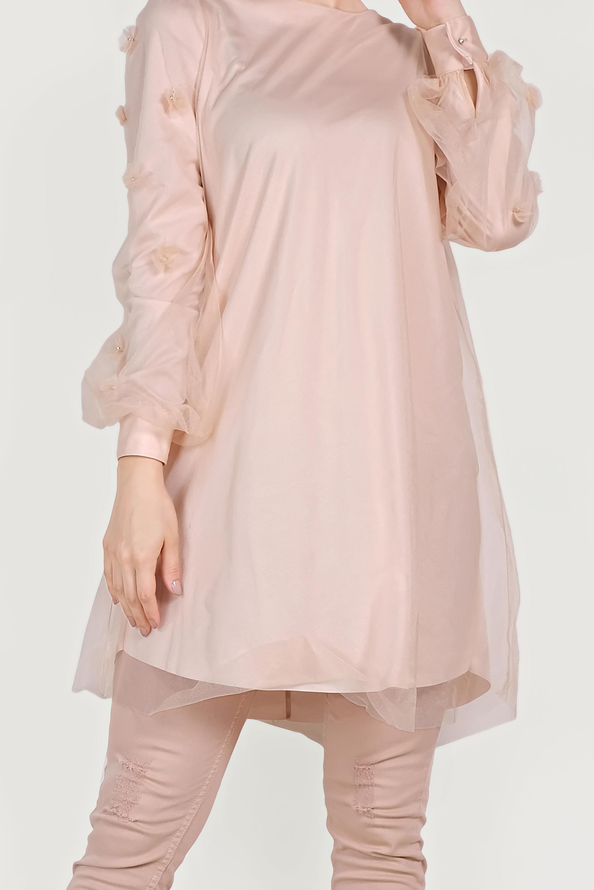 Tesettür giyim PUDRA ÜÇ BOYUTLU ÇİÇEK VE TÜL DETAYLI TUNİK 40519