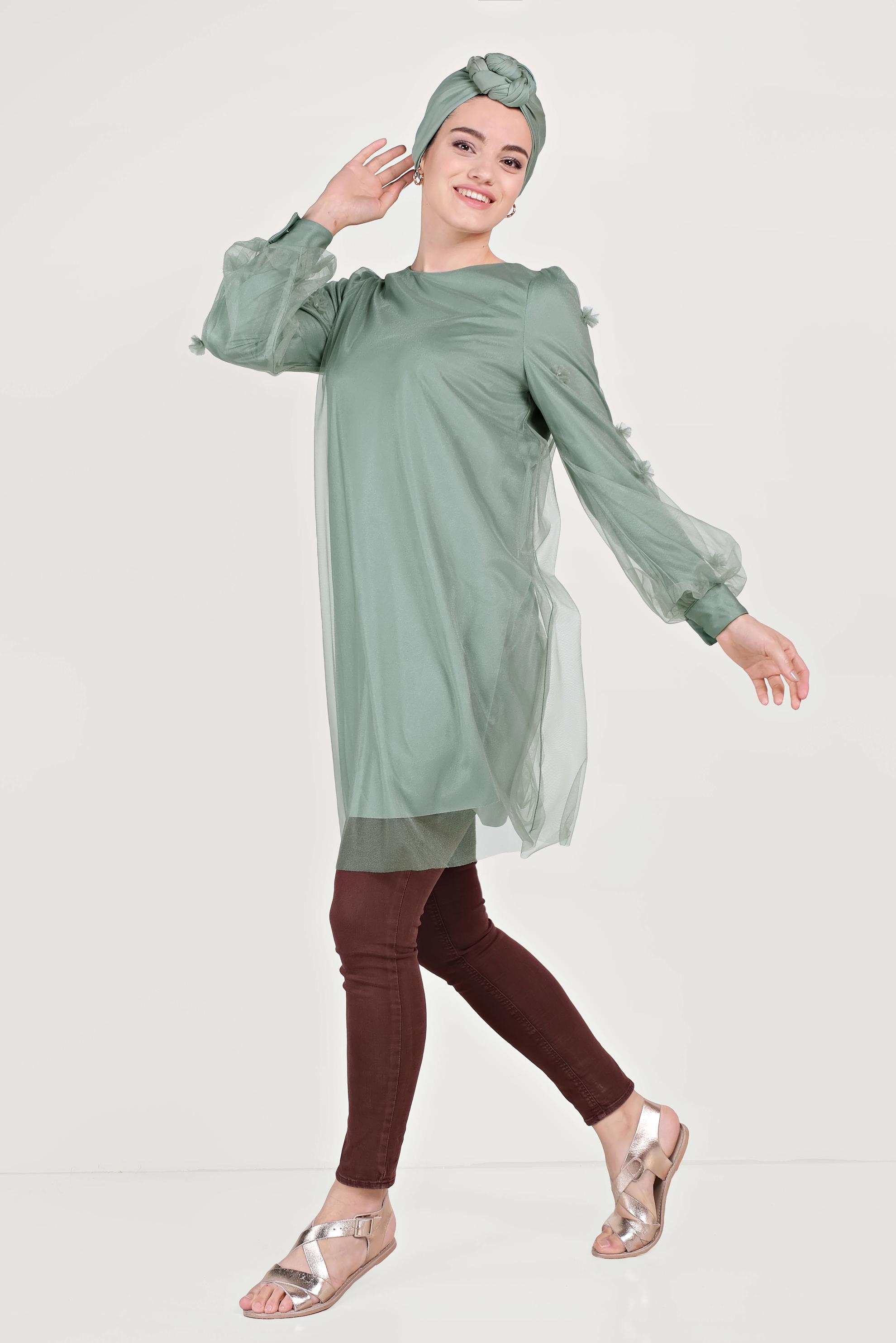 Tesettür giyim YEŞİL ÜÇ BOYUTLU ÇİÇEK VE TÜL DETAYLI TUNİK 40519