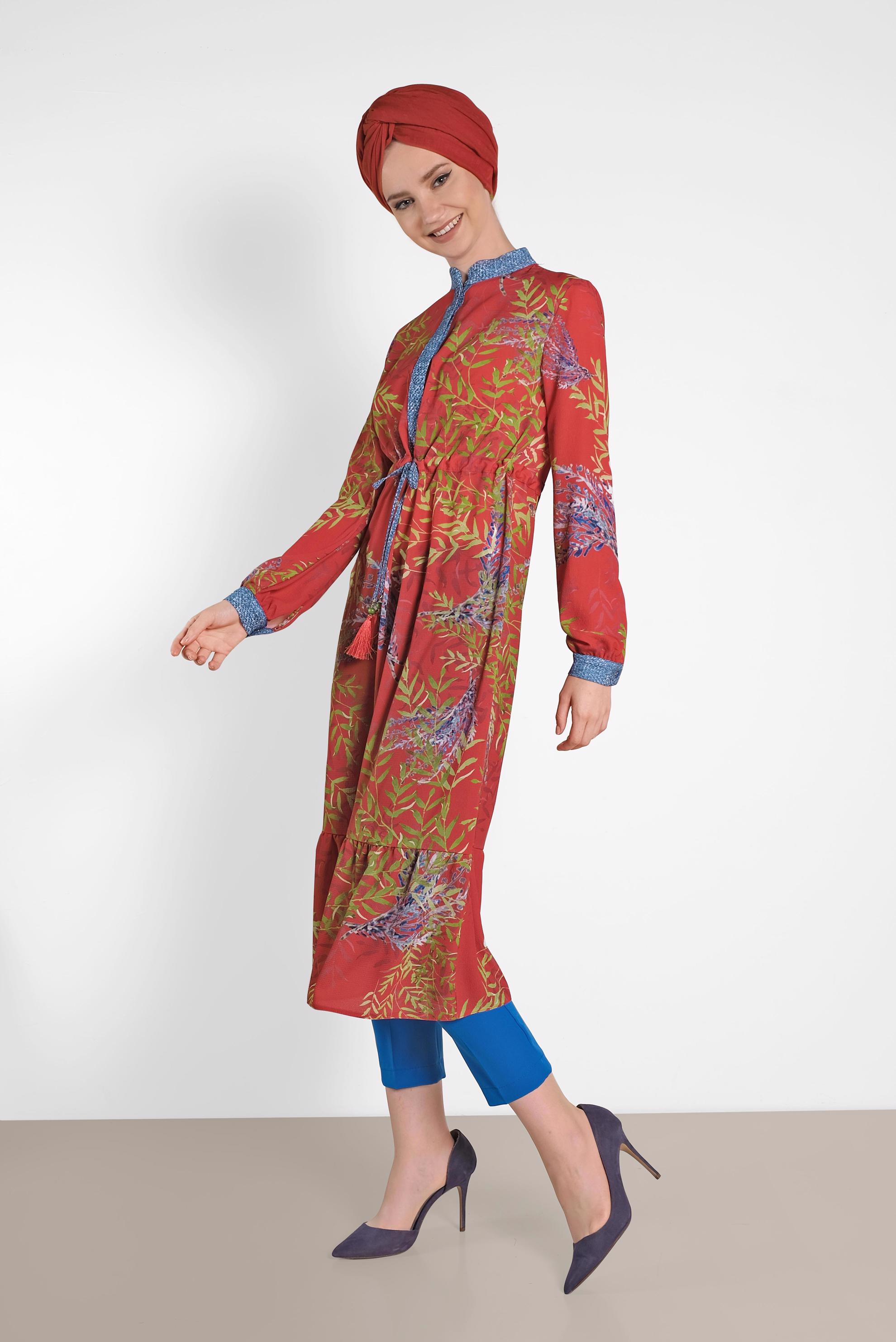 Tesettür giyim KIRMIZI BELİ BAĞCIKLI ÇİÇEK DESENLİ TUNİK 4052