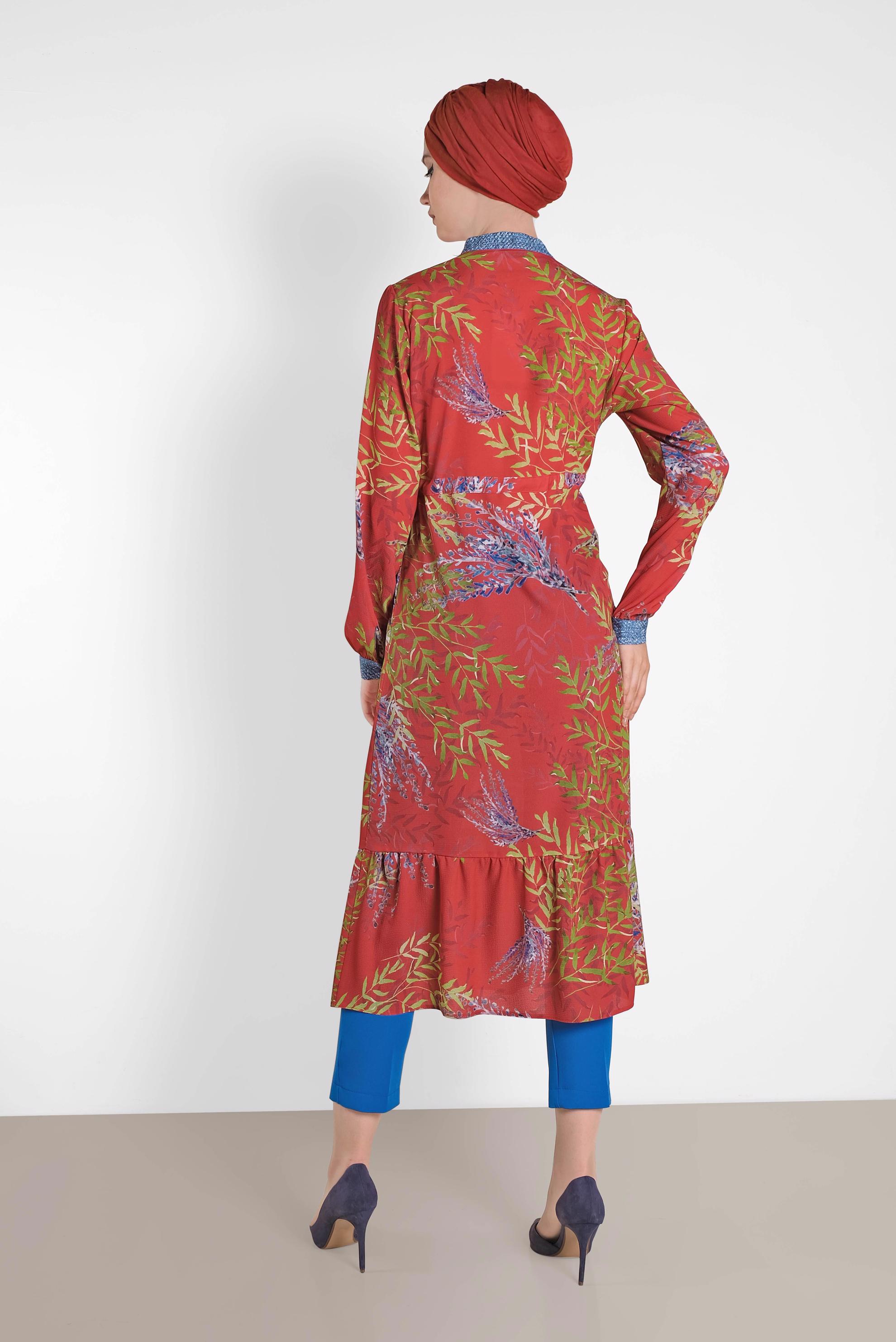 Tesettür giyim KIRMIZI BELİ BAĞCIKLI ÇİÇEK DESENLİ TUNİK 4052