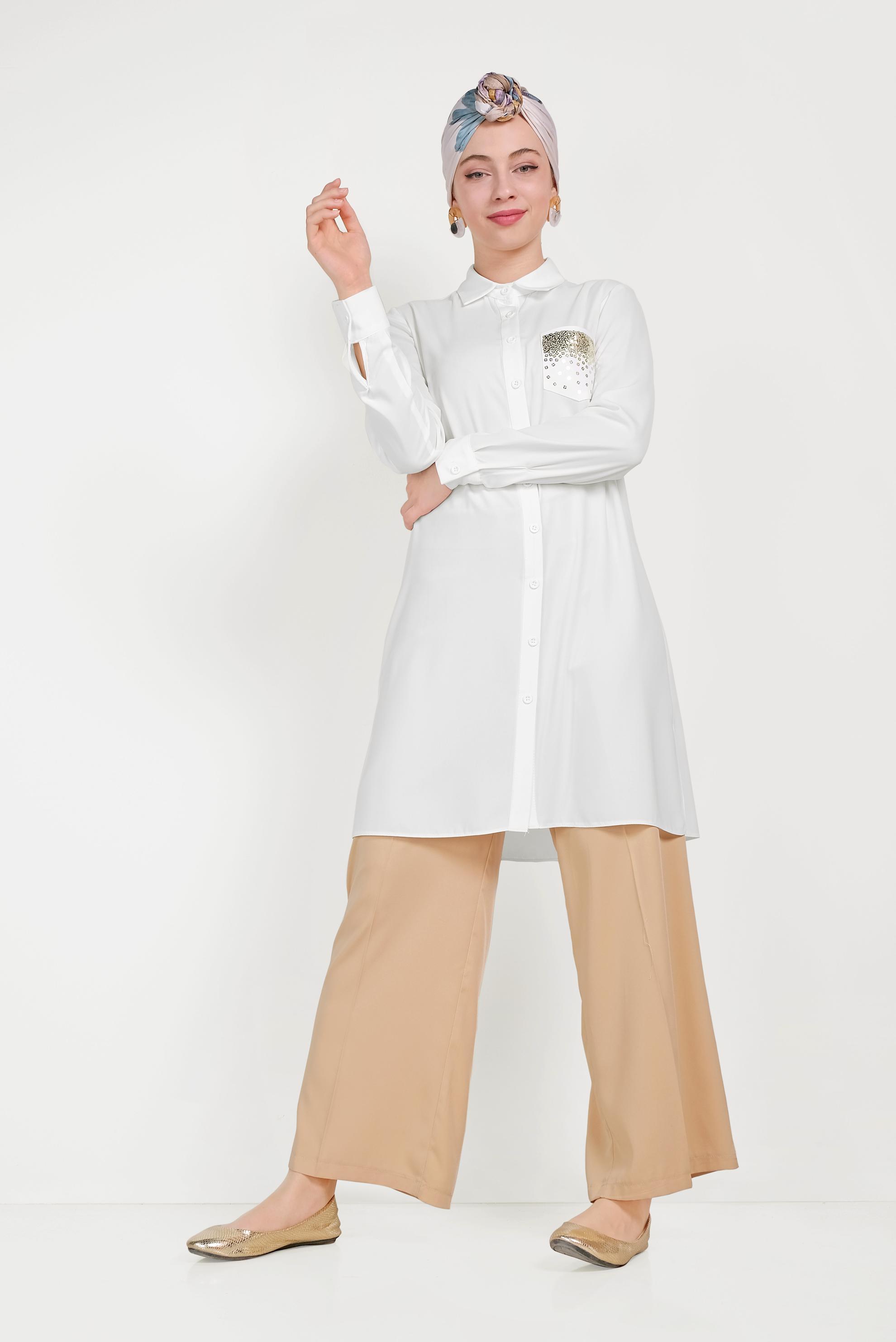 Tesettür giyim BEYAZ CEBİ PULLU TUNİK 40524