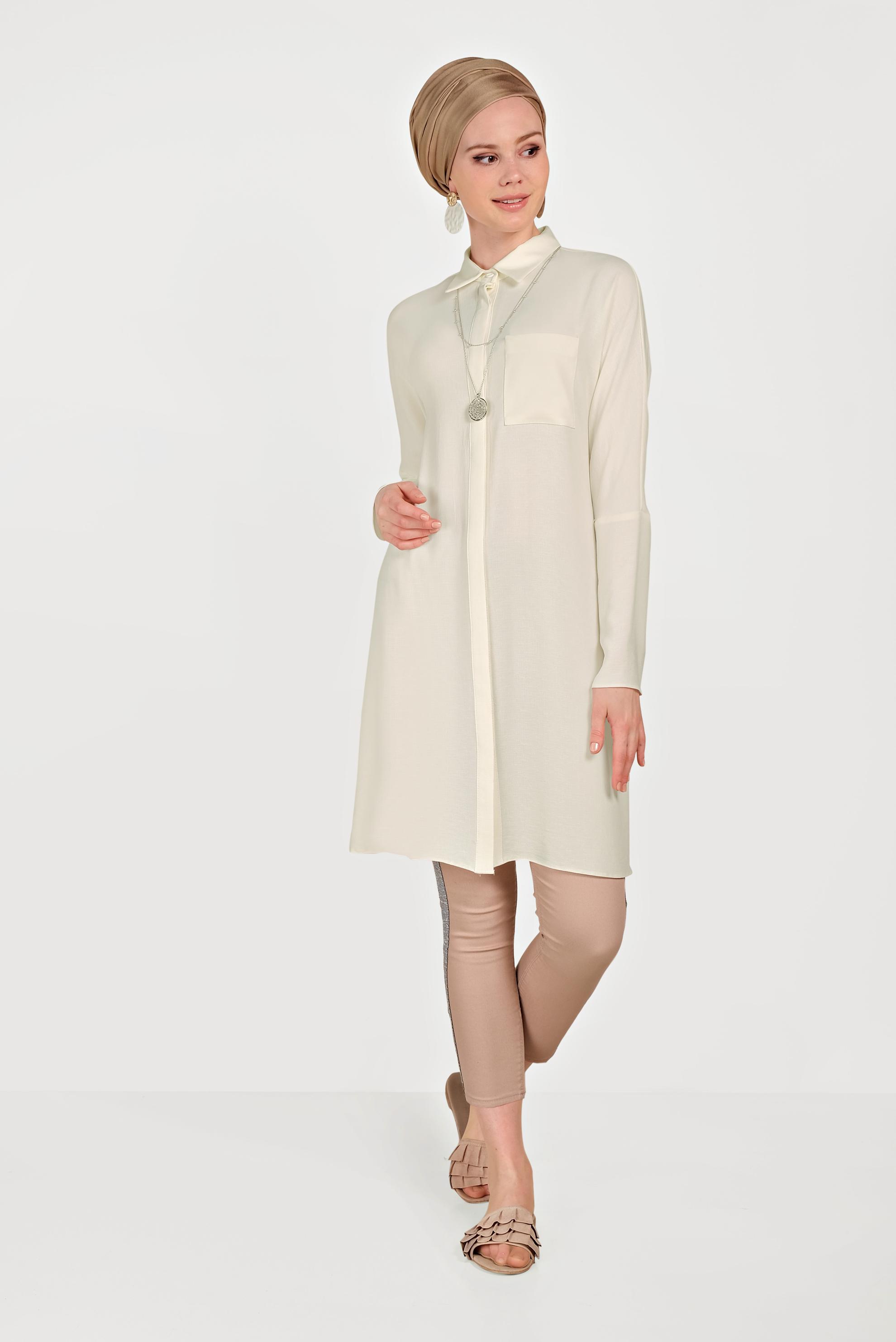 Tesettür giyim BEYAZ GİZLİ DÜĞMELİ TUNİK 40525