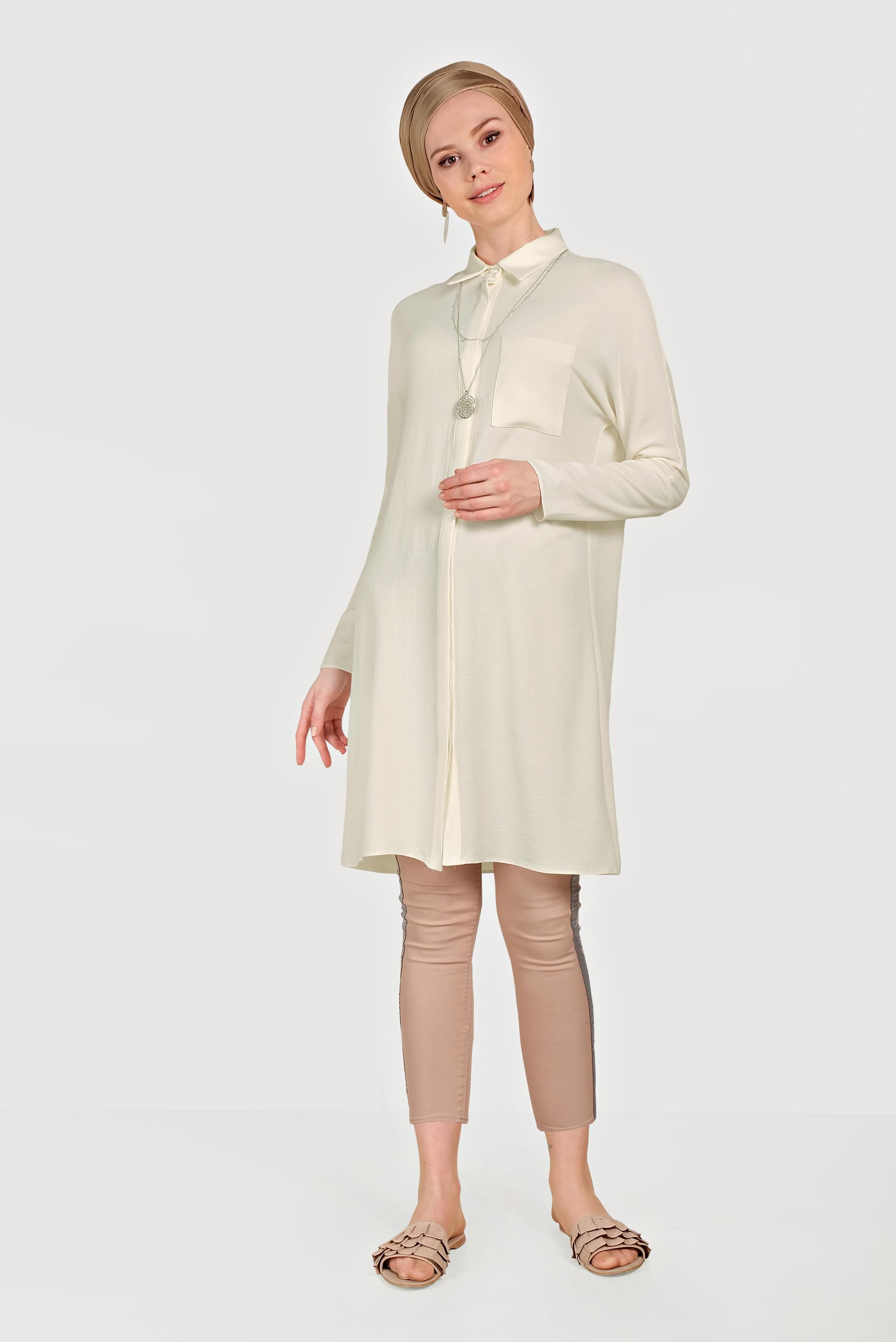 Tesettür giyim BEYAZ GİZLİ DÜĞMELİ TUNİK 40525