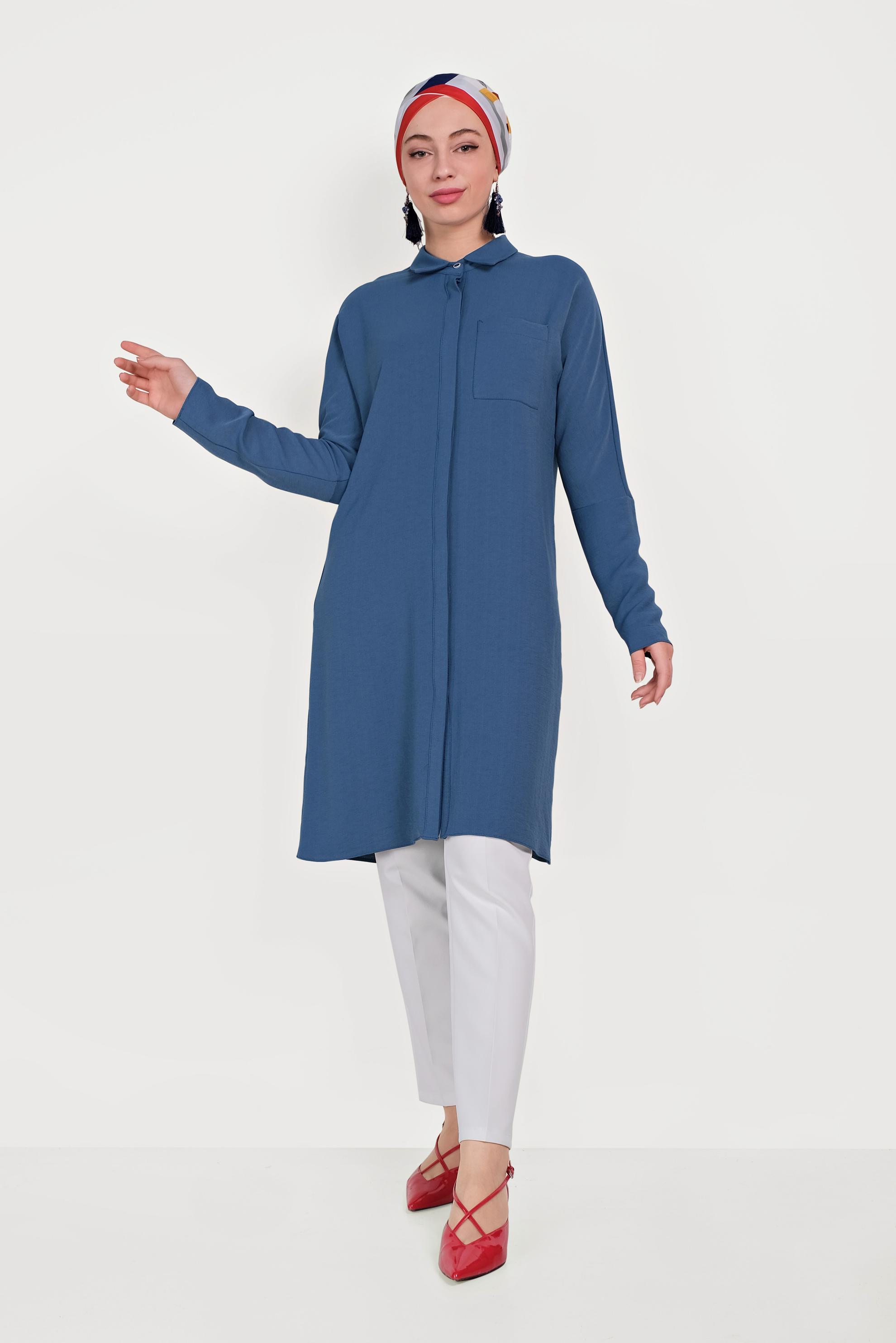 Tesettür giyim LACİVERT GİZLİ DÜĞMELİ TUNİK 40525