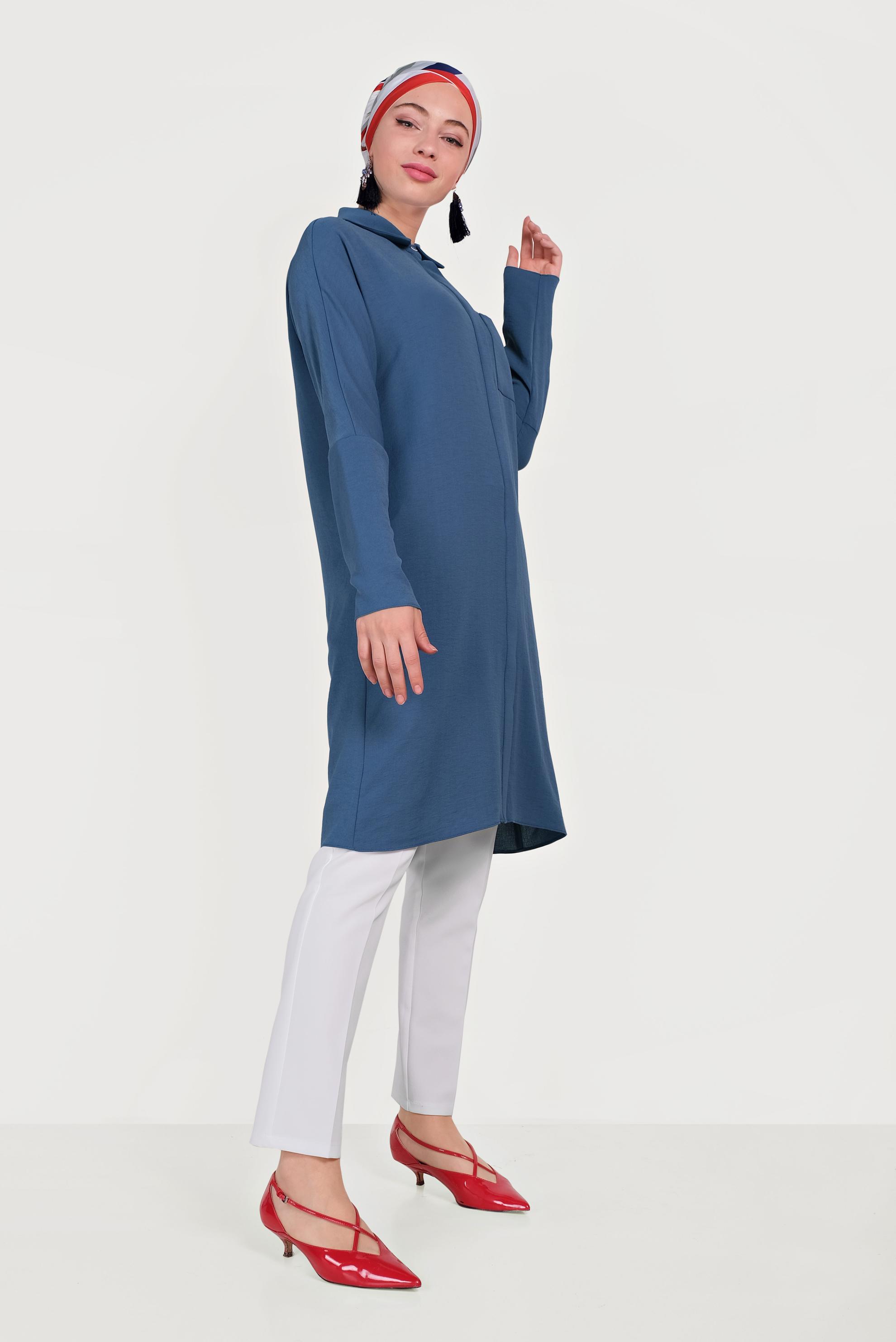 Tesettür giyim LACİVERT GİZLİ DÜĞMELİ TUNİK 40525