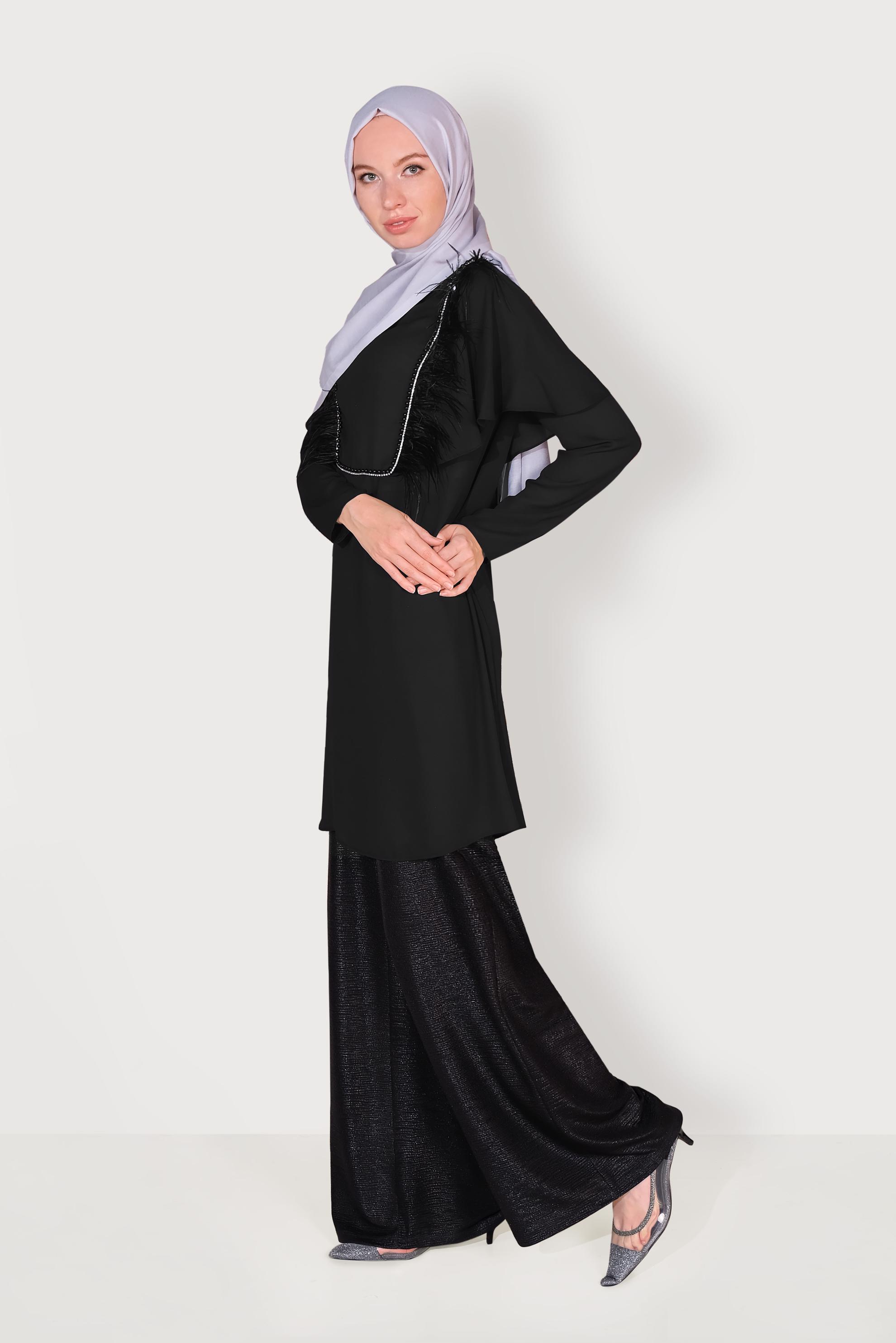 Tesettür giyim SİYAH TÜY VE İNCİ DETAYLI TUNİK 40536