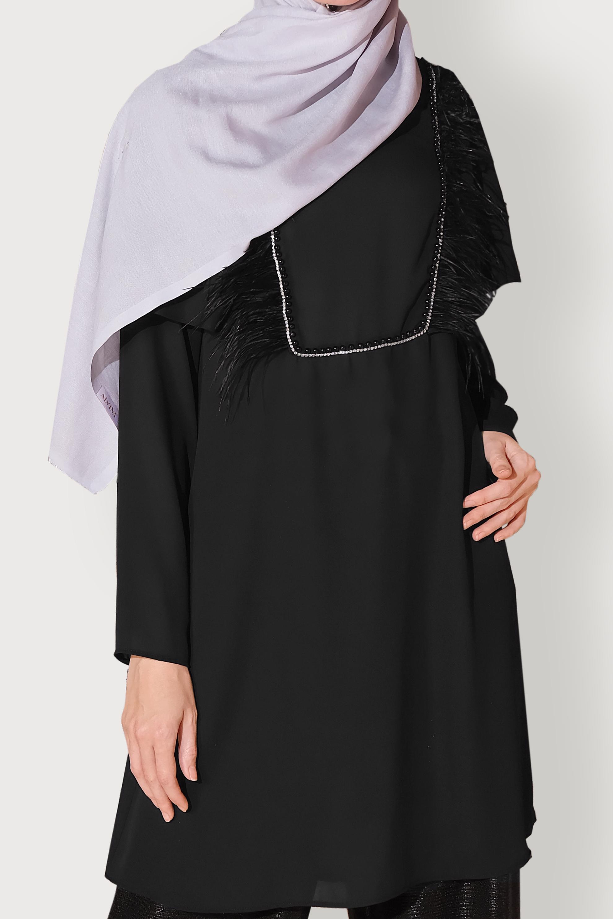 Tesettür giyim SİYAH TÜY VE İNCİ DETAYLI TUNİK 40536