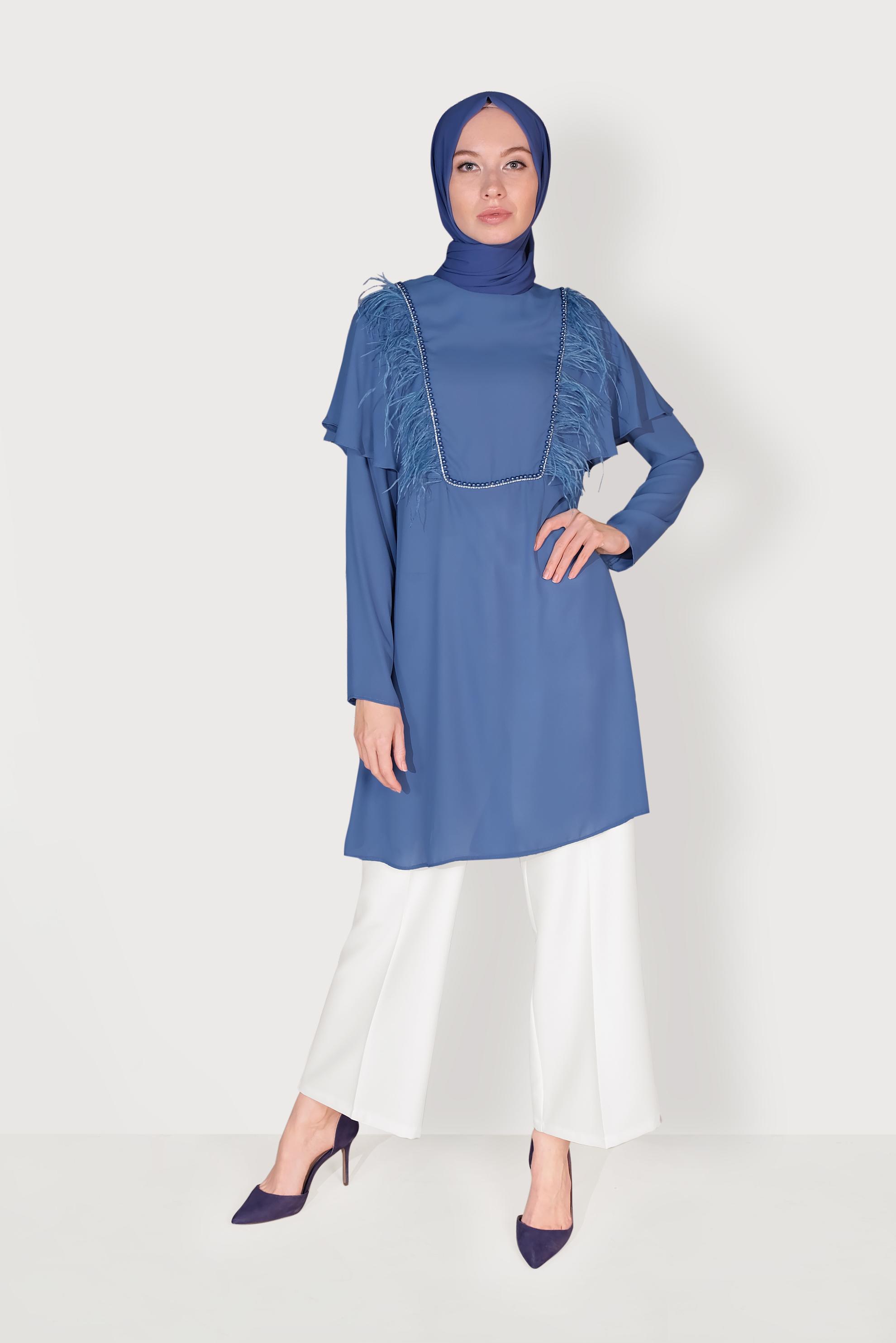 Tesettür giyim MAVİ TÜY VE İNCİ DETAYLI TUNİK 40536