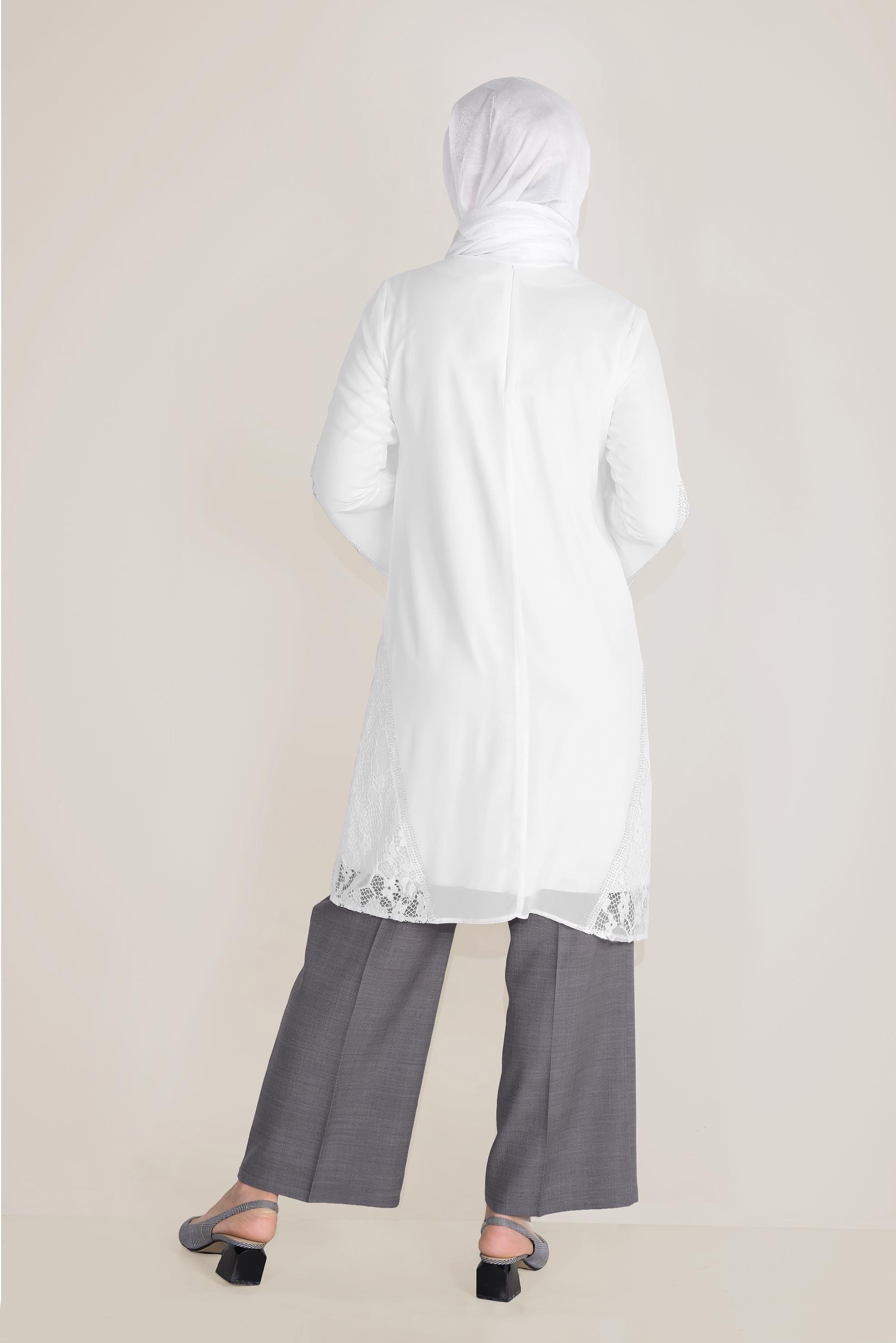 Tesettür giyim BEYAZ TÜLLÜ TROMPET KOL ŞİFON TUNİK 40537