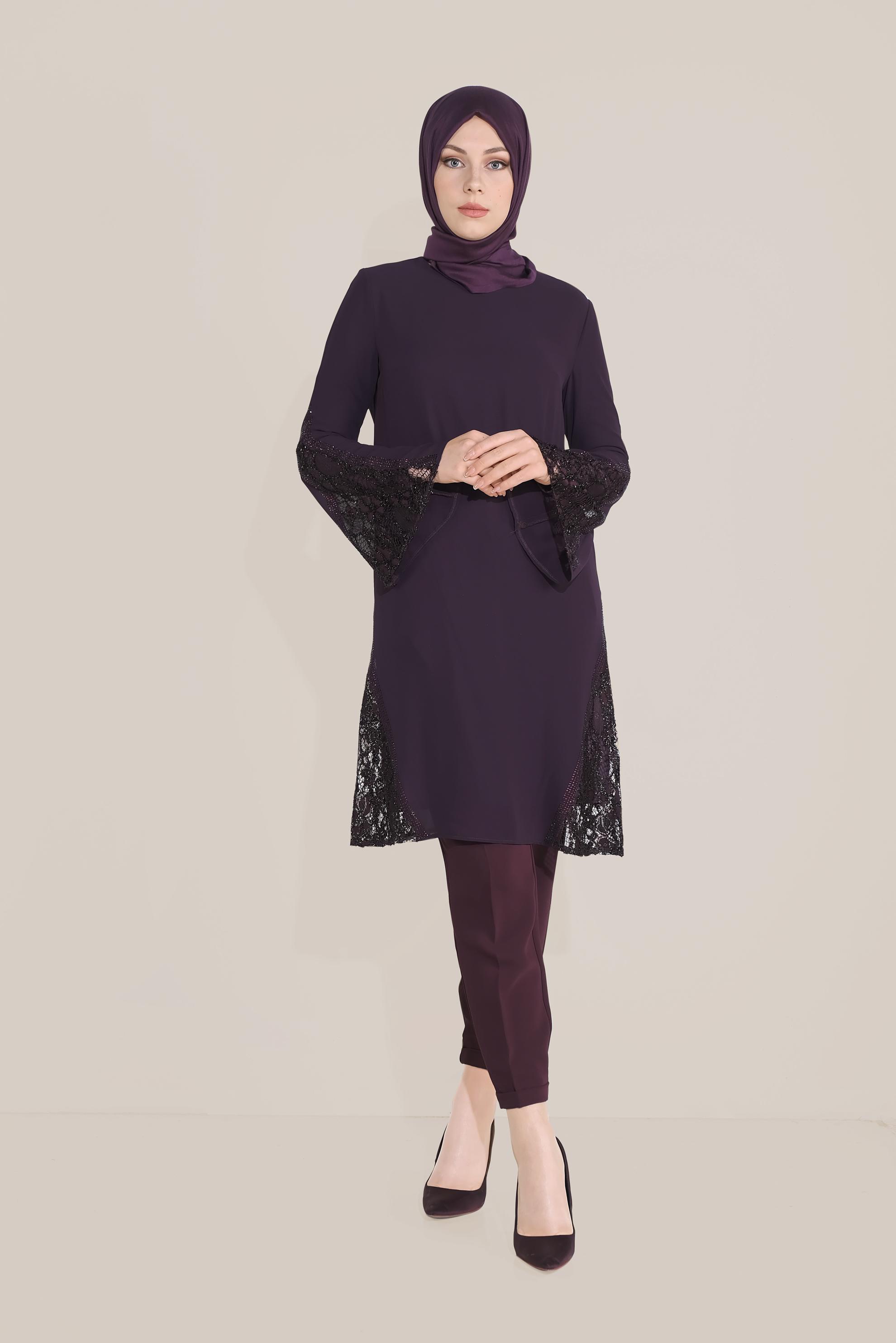 Tesettür giyim MÜRDÜM TÜLLÜ TROMPET KOL ŞİFON TUNİK 40537