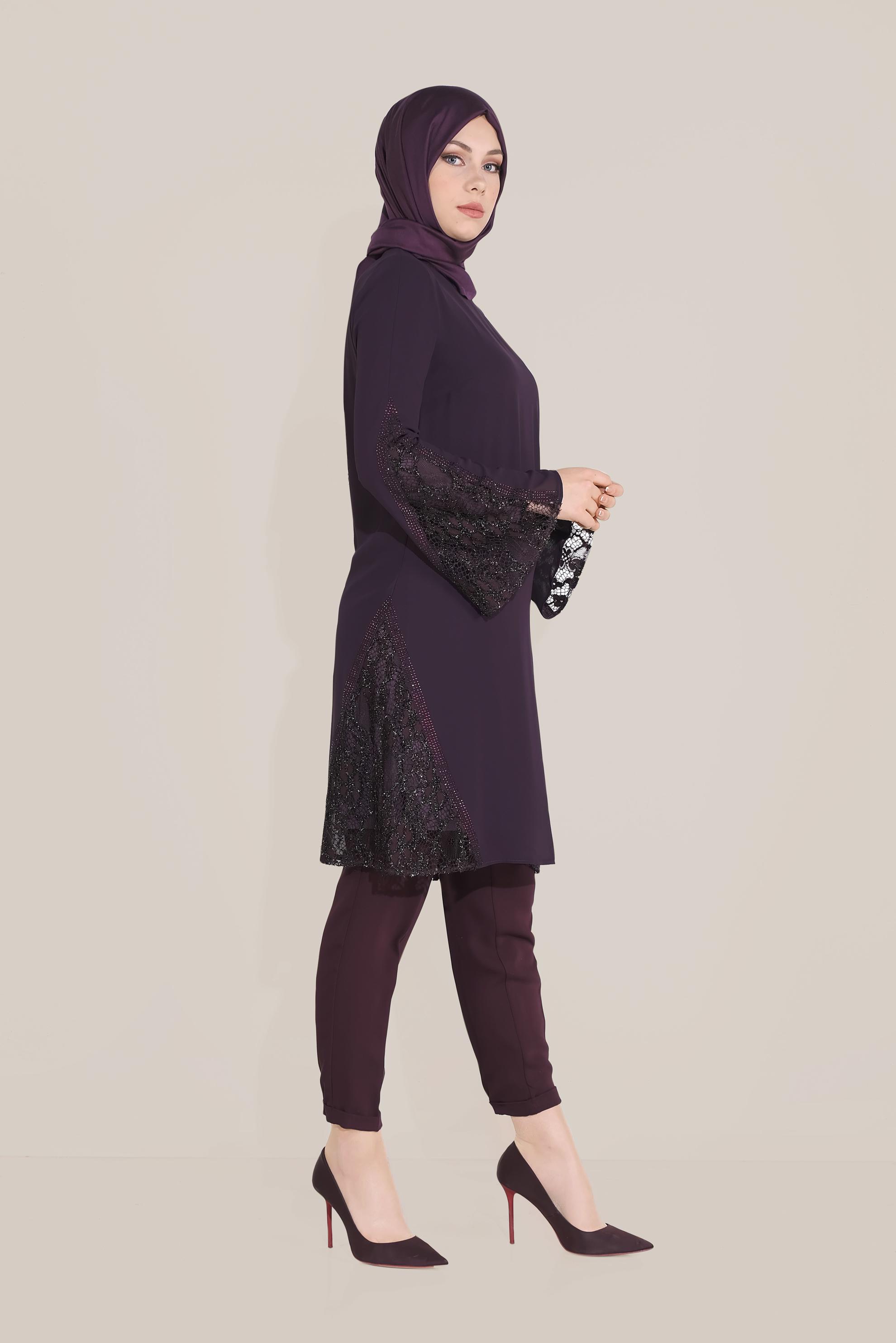 Tesettür giyim MÜRDÜM TÜLLÜ TROMPET KOL ŞİFON TUNİK 40537