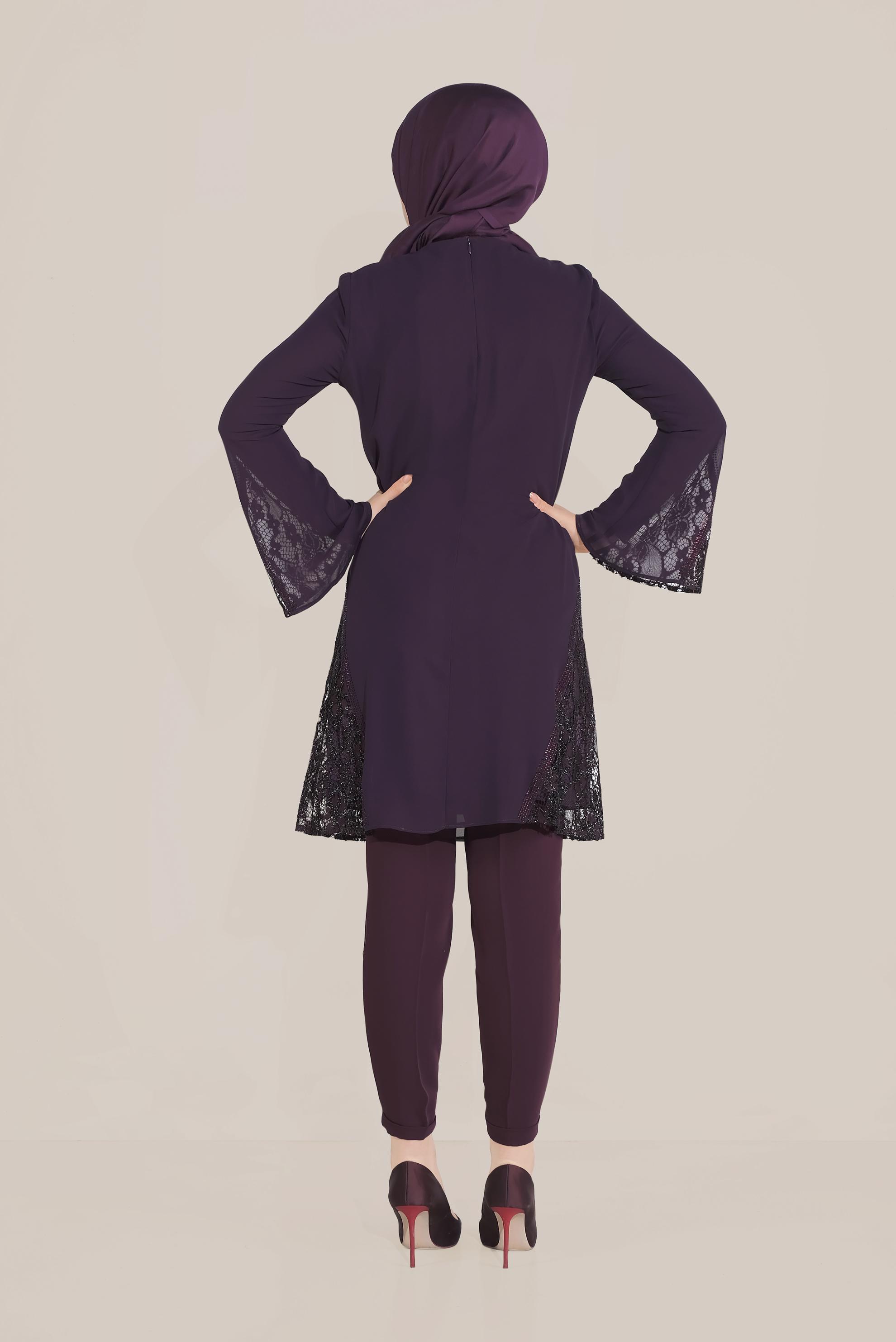 Tesettür giyim MÜRDÜM TÜLLÜ TROMPET KOL ŞİFON TUNİK 40537