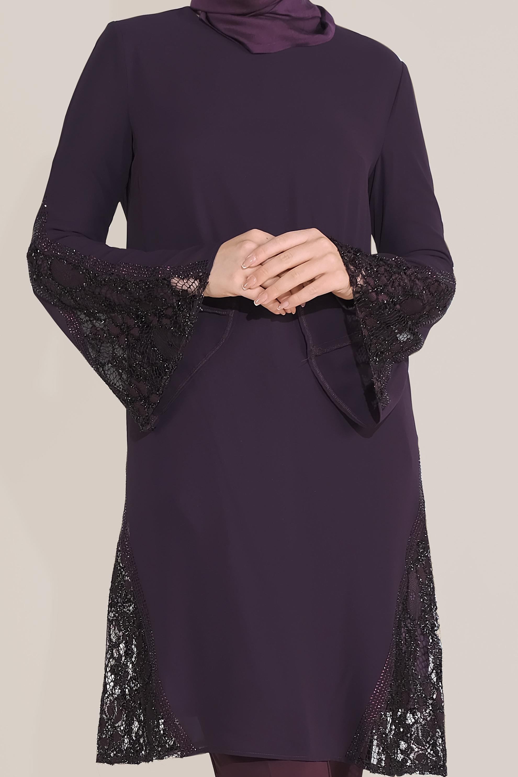 Tesettür giyim MÜRDÜM TÜLLÜ TROMPET KOL ŞİFON TUNİK 40537