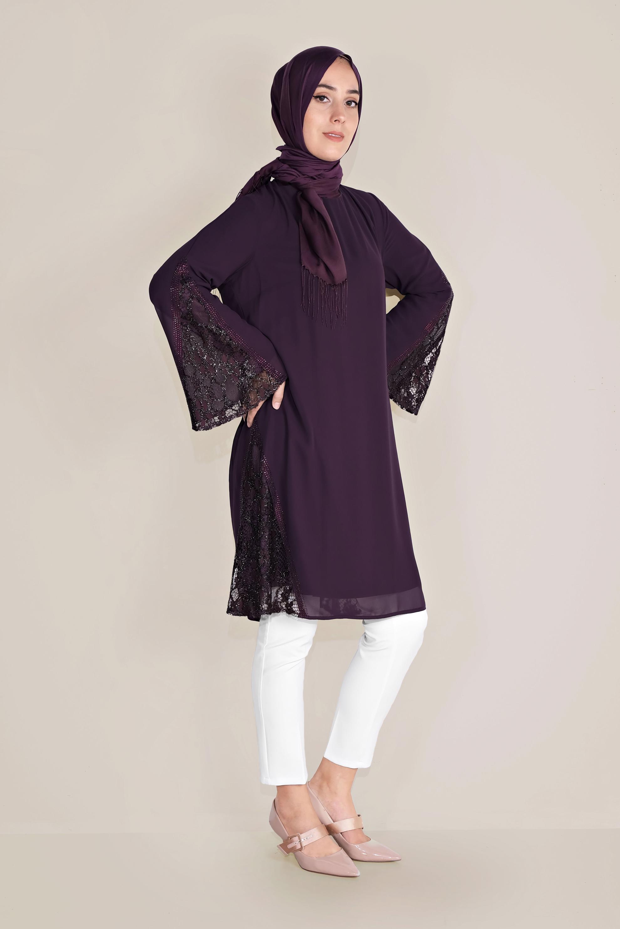 Tesettür giyim BORDO TÜLLÜ TROMPET KOL ŞİFON TUNİK 40537