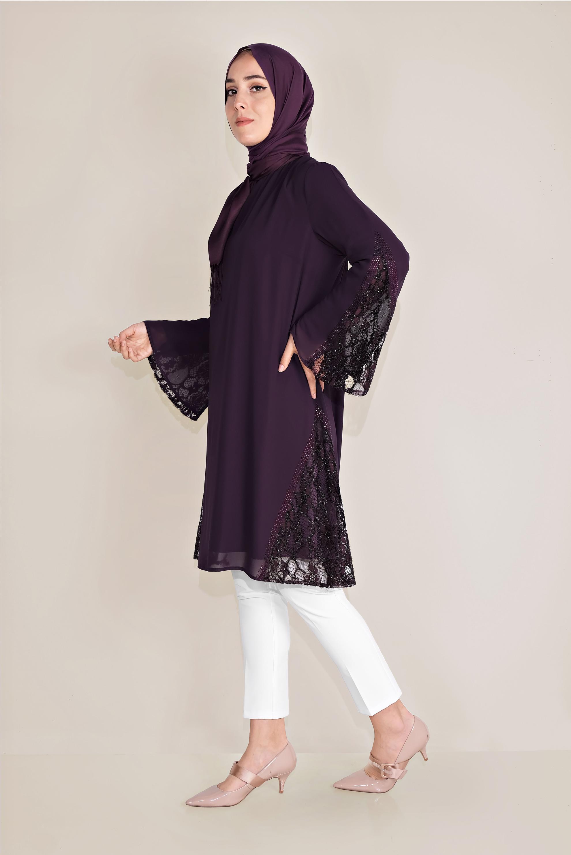 Tesettür giyim BORDO TÜLLÜ TROMPET KOL ŞİFON TUNİK 40537