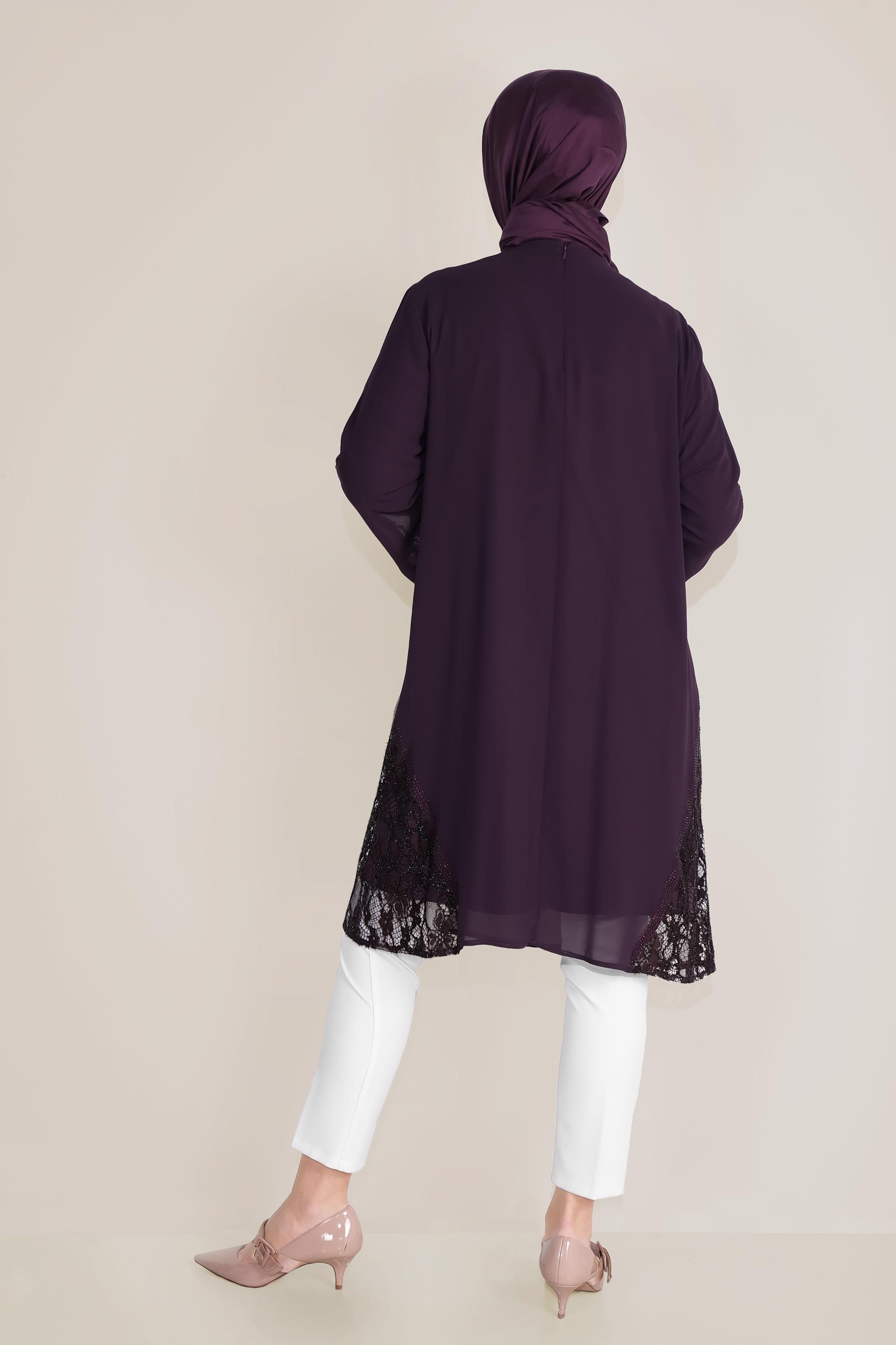 Tesettür giyim BORDO TÜLLÜ TROMPET KOL ŞİFON TUNİK 40537