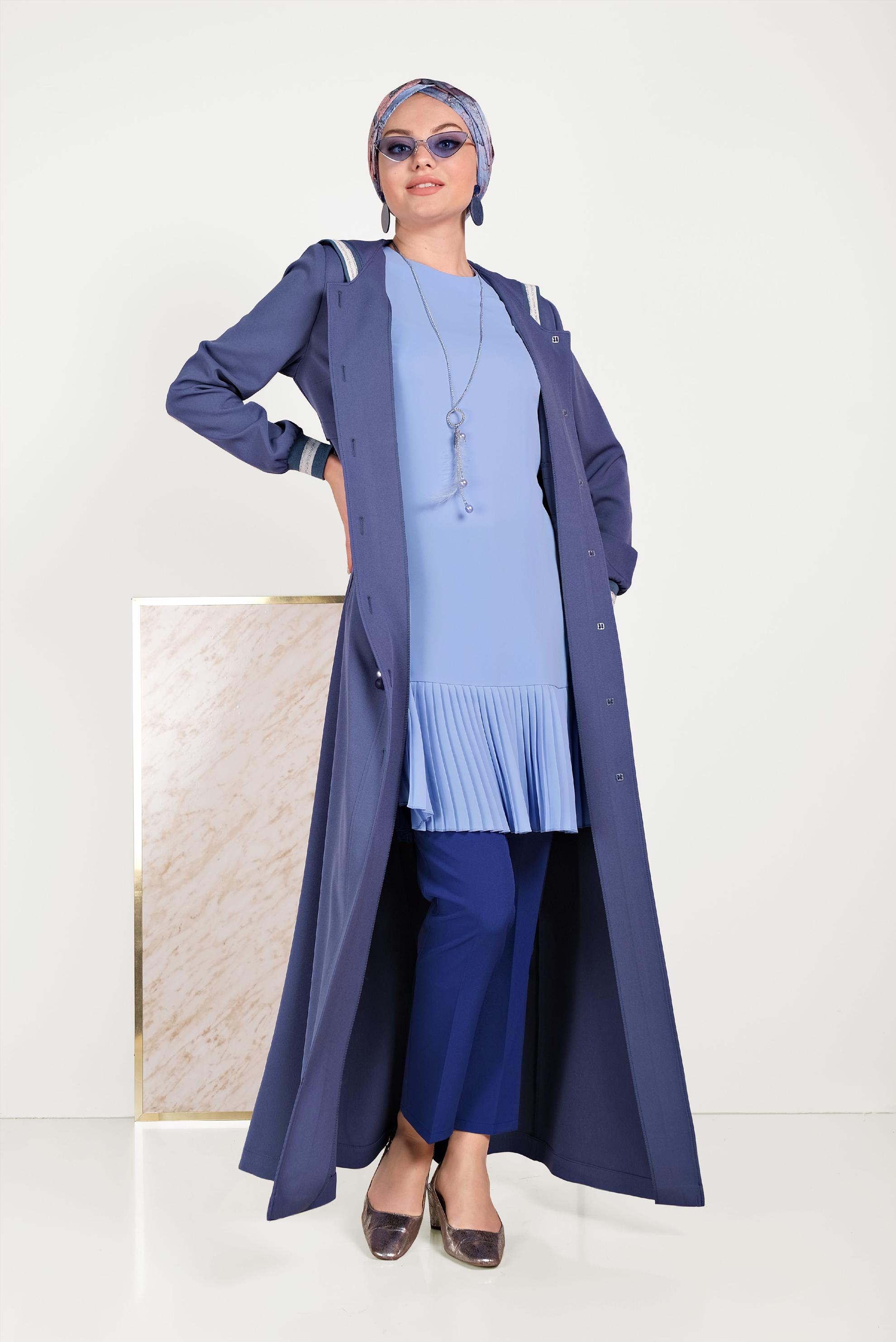 Tesettür giyim MAVİ ARKADAN FERMUARLI ETEĞİ PİLİSELİ TUNİK 40538