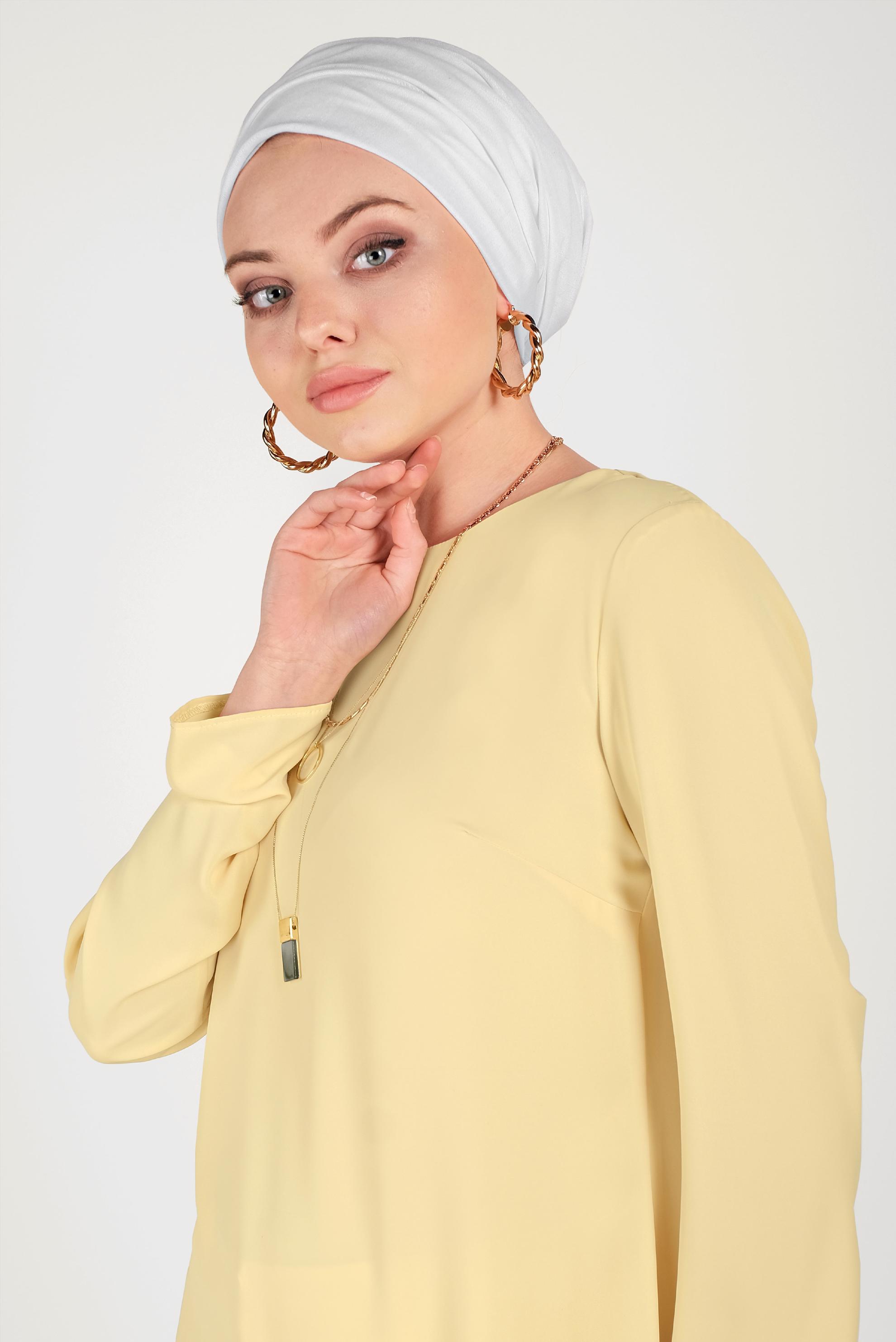 Tesettür giyim SARI ARKADAN FERMUARLI ETEĞİ PİLİSELİ TUNİK 40538