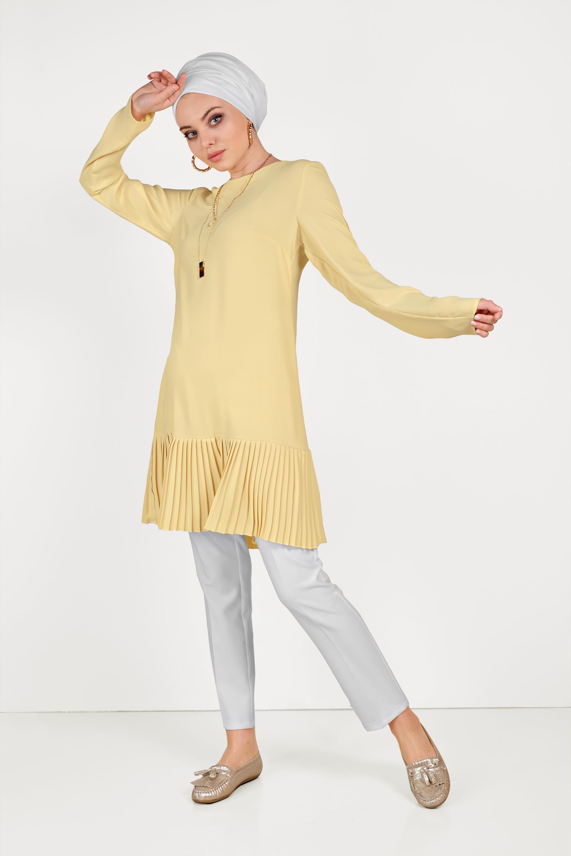 Tesettür giyim SARI ARKADAN FERMUARLI ETEĞİ PİLİSELİ TUNİK 40538