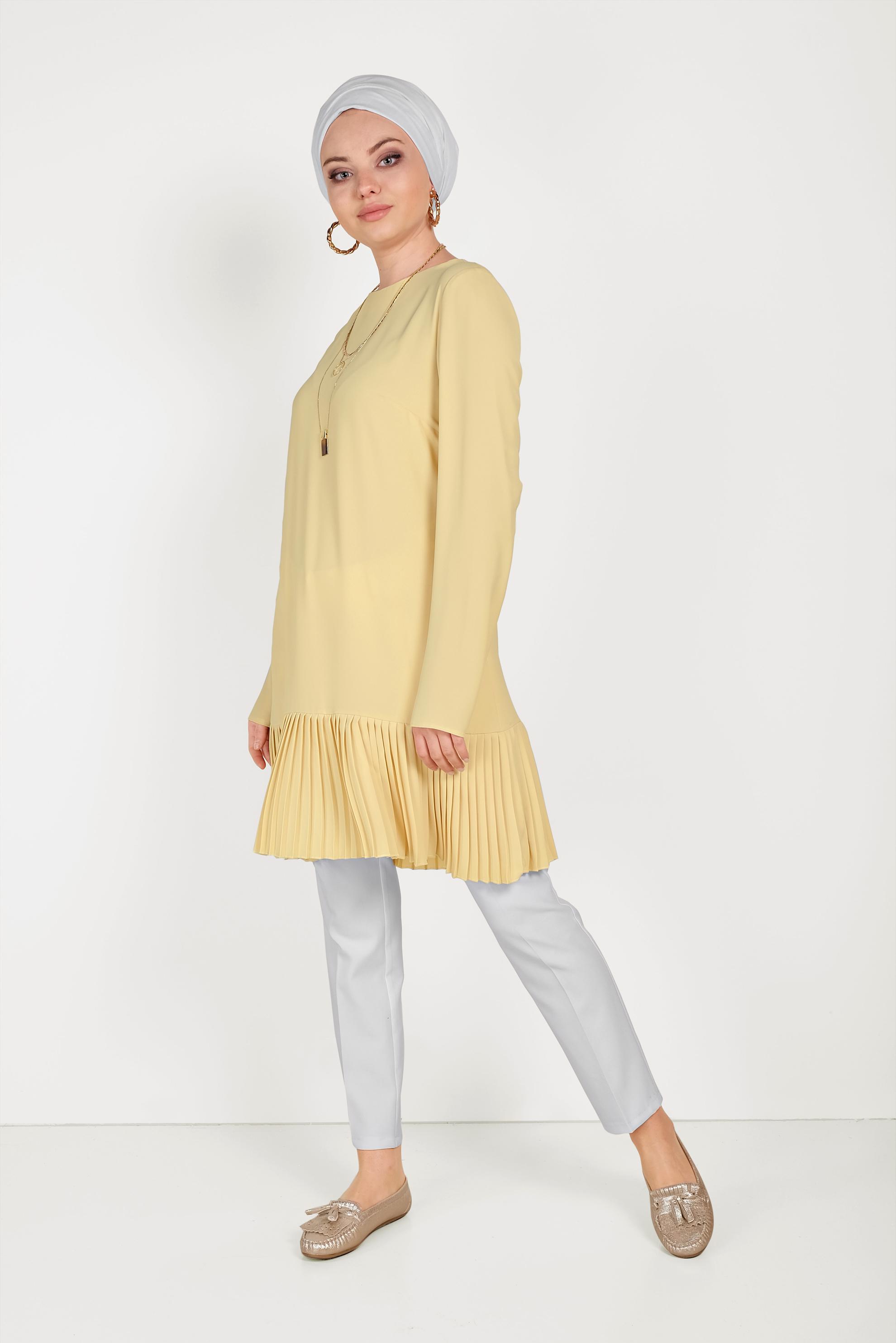 Tesettür giyim SARI ARKADAN FERMUARLI ETEĞİ PİLİSELİ TUNİK 40538