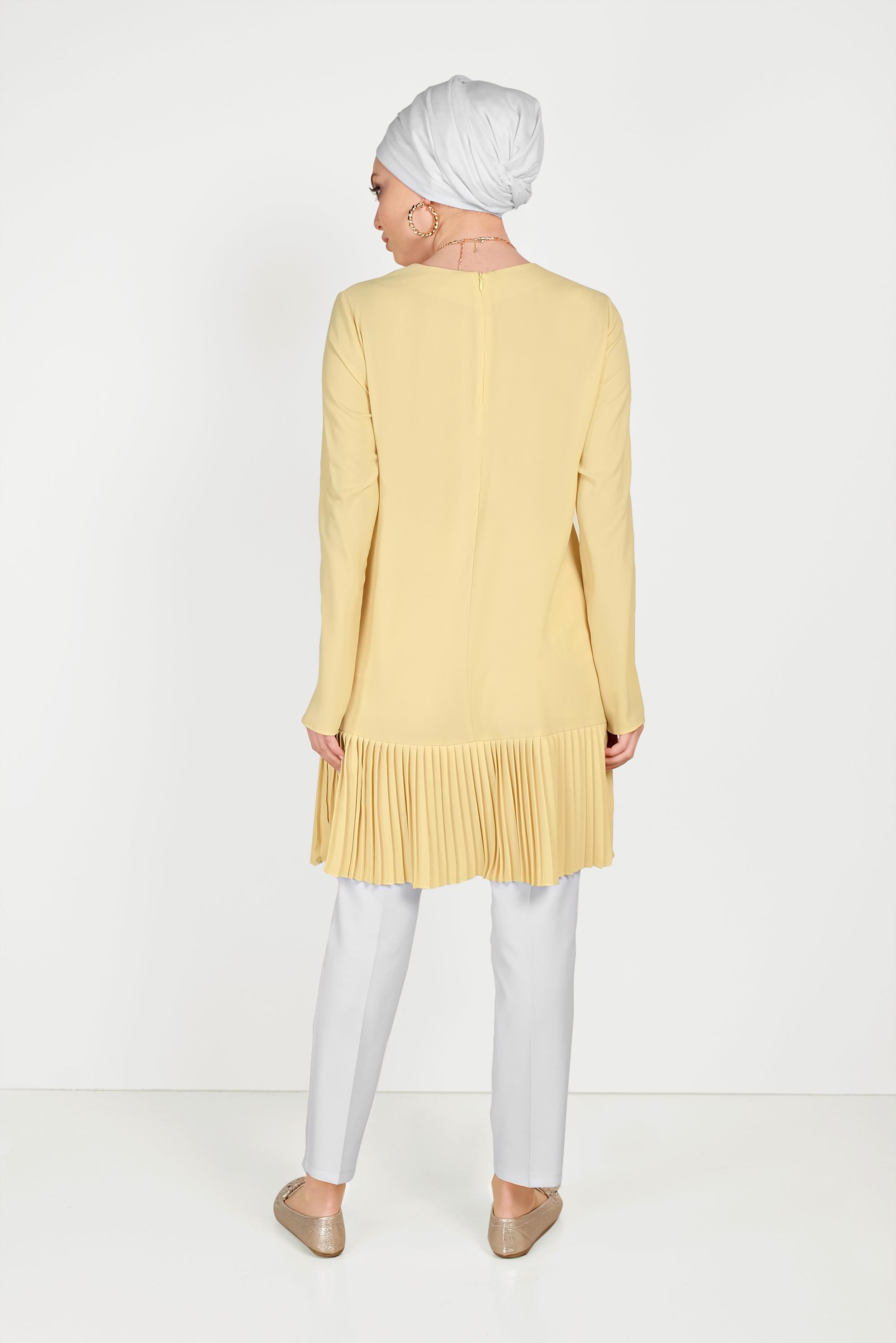Tesettür giyim SARI ARKADAN FERMUARLI ETEĞİ PİLİSELİ TUNİK 40538