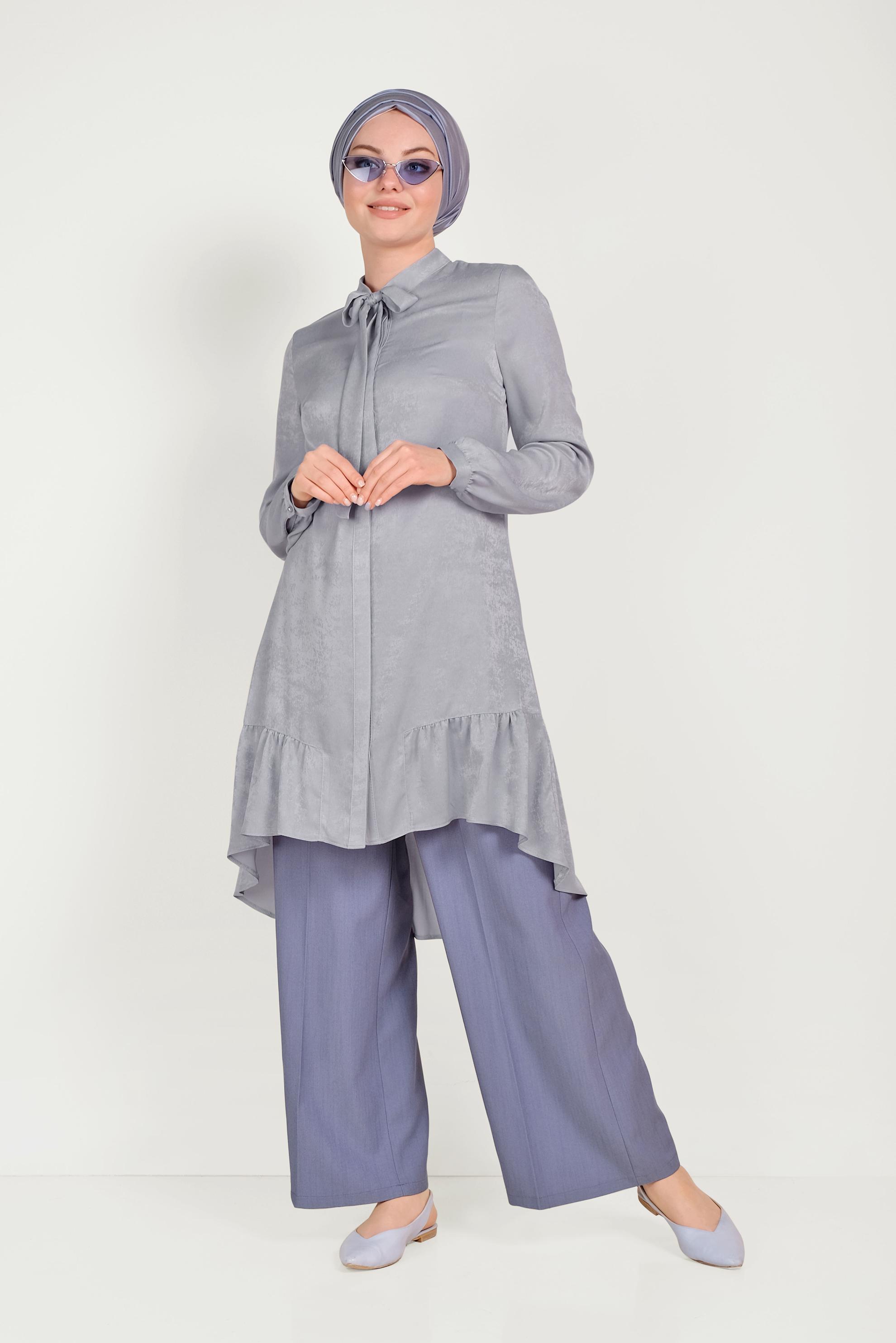Tesettür giyim GRİ BOYUNDAN BAĞLAMALI TUNİK 40558