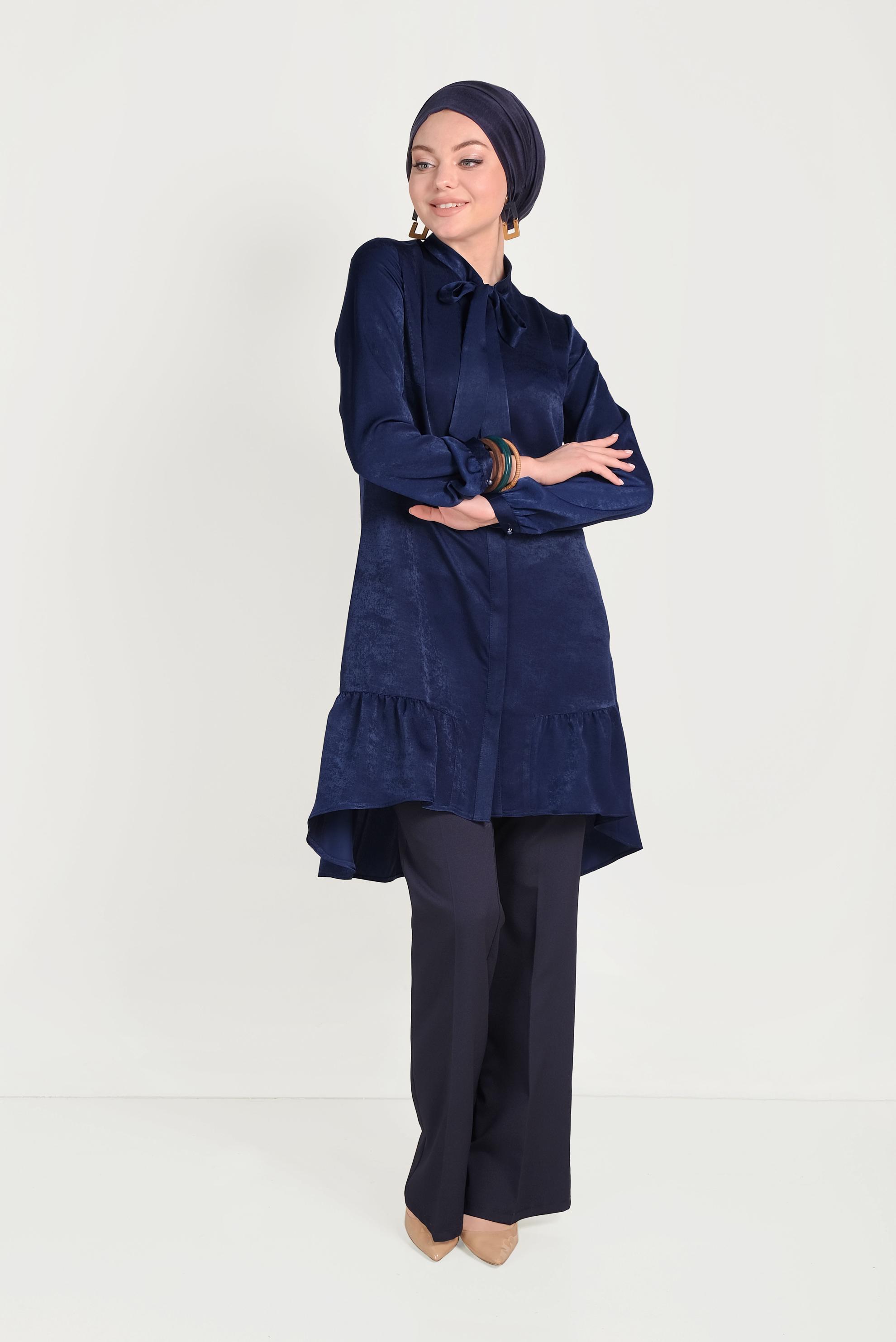 Hijab clothing NAVY BLUE TIE DETAIL TUNIC 40558 