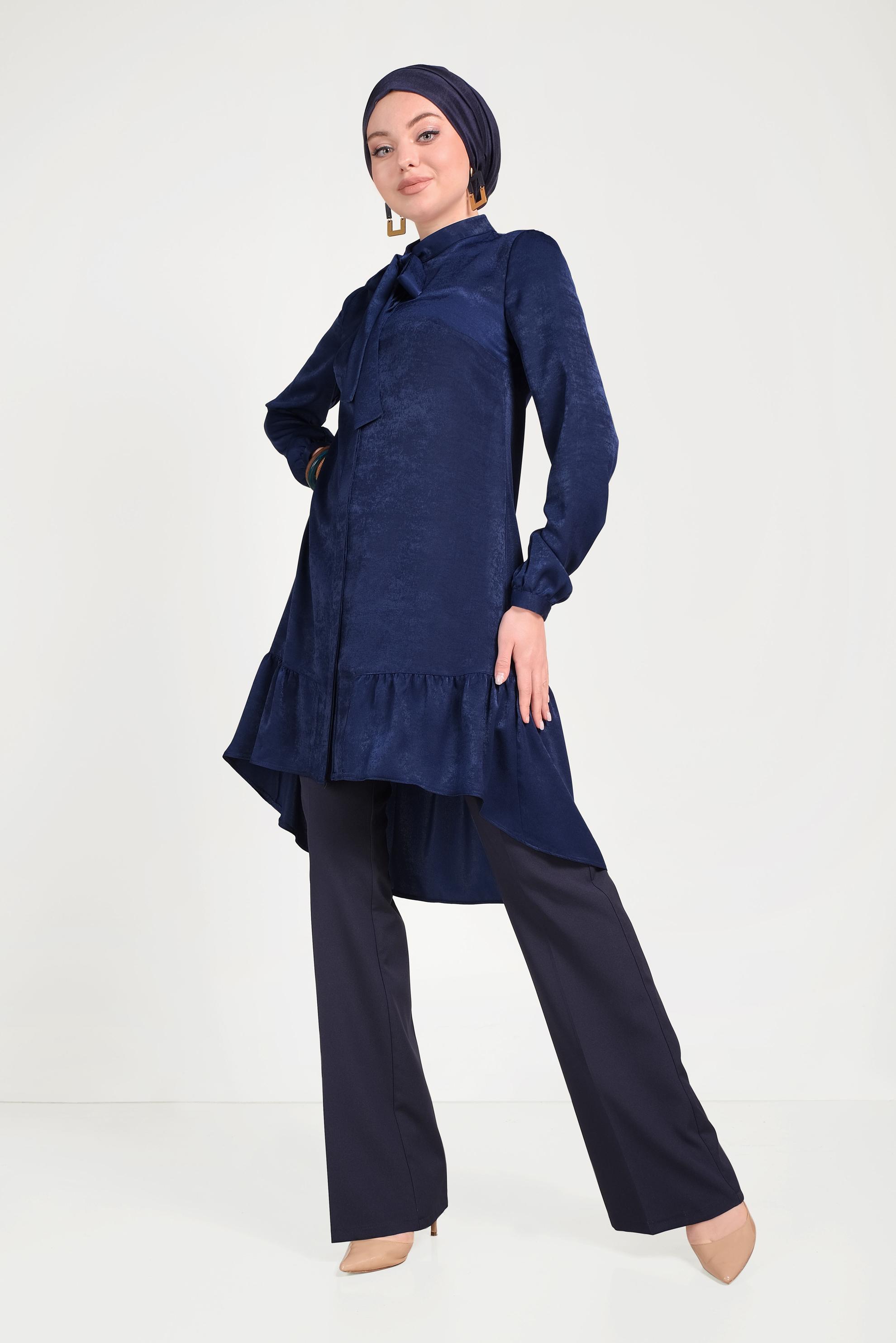 Hijab clothing NAVY BLUE TIE DETAIL TUNIC 40558 