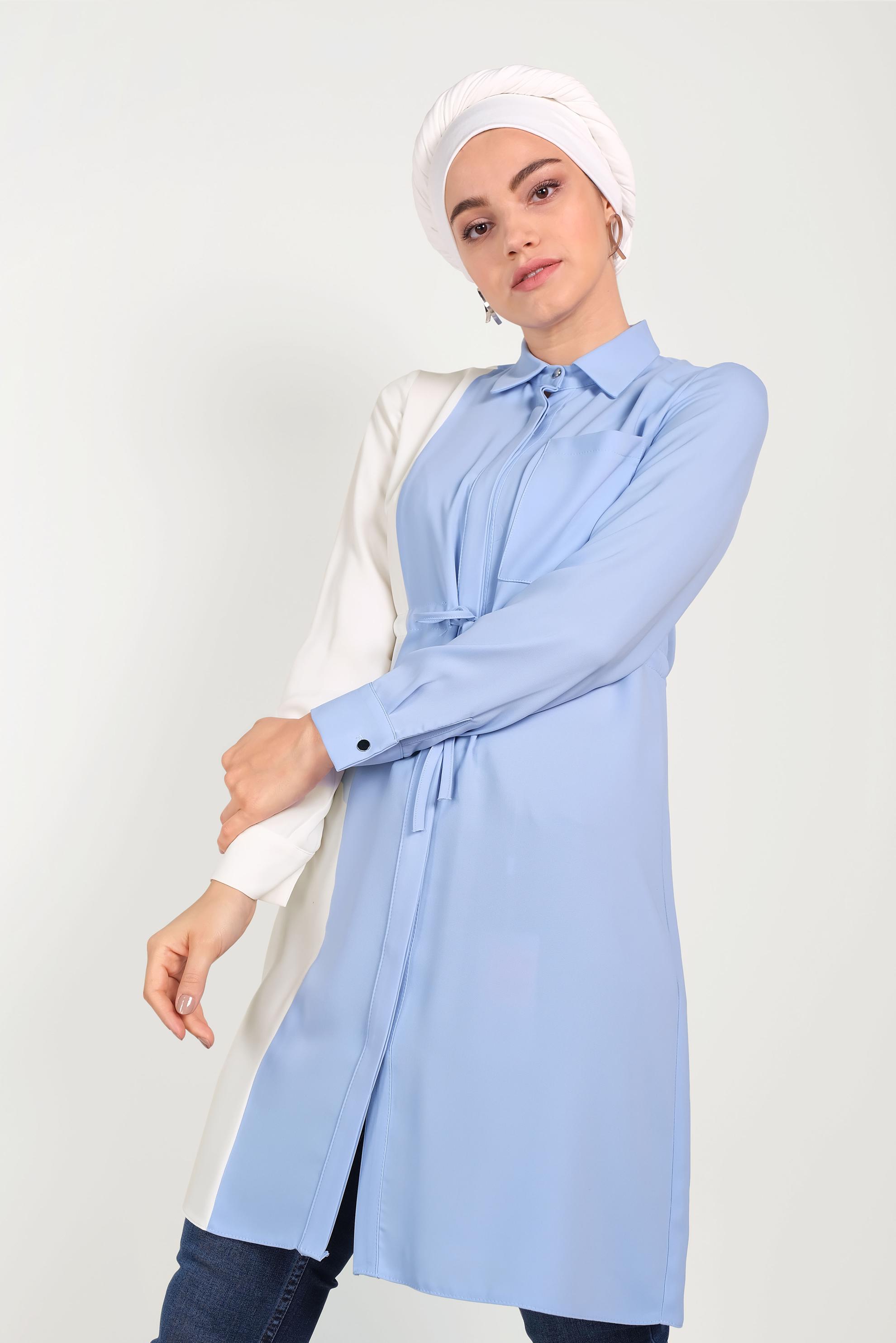 Tesettür giyim MAVİ PAMUKLU BELİ BÜZGÜLÜ İKİ RENK TUNİK 40560 