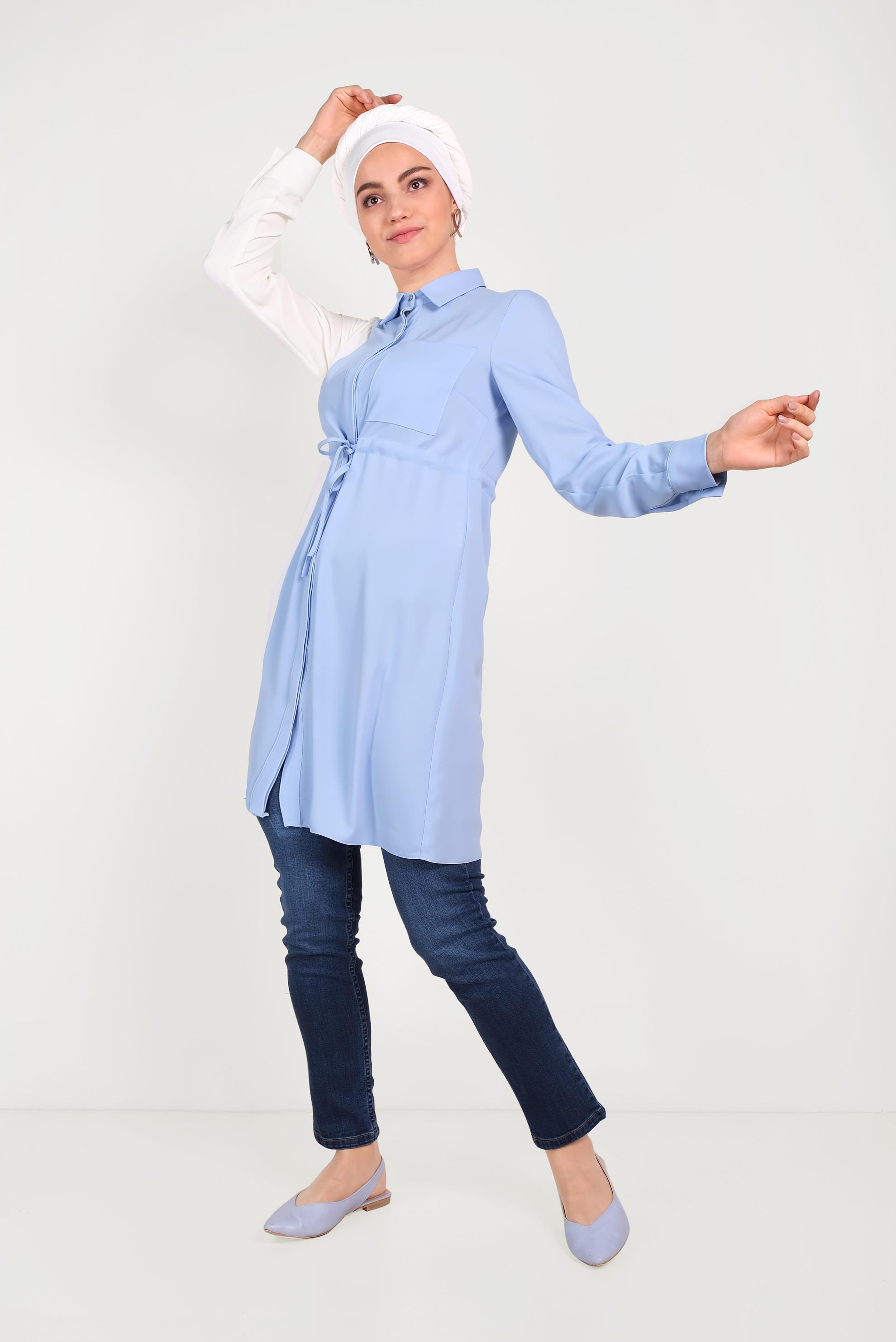 Tesettür giyim MAVİ PAMUKLU BELİ BÜZGÜLÜ İKİ RENK TUNİK 40560 