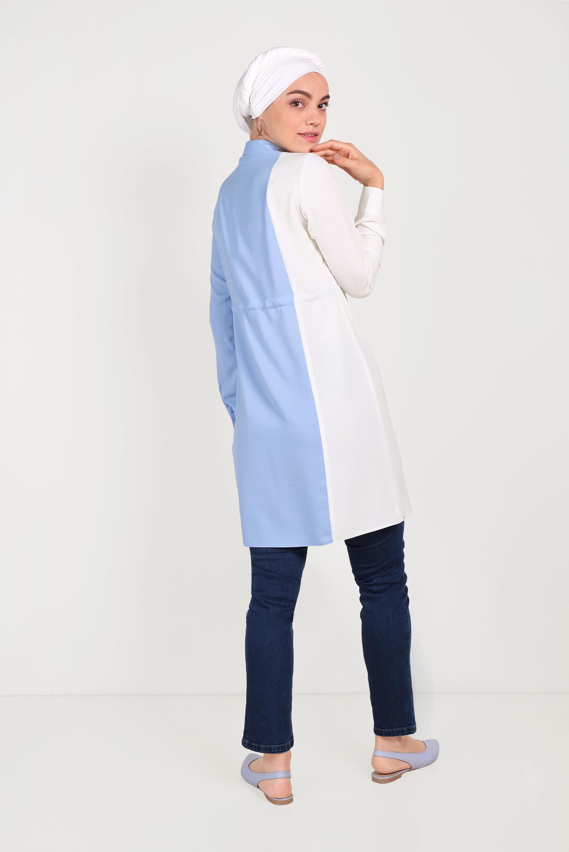 Tesettür giyim MAVİ PAMUKLU BELİ BÜZGÜLÜ İKİ RENK TUNİK 40560 