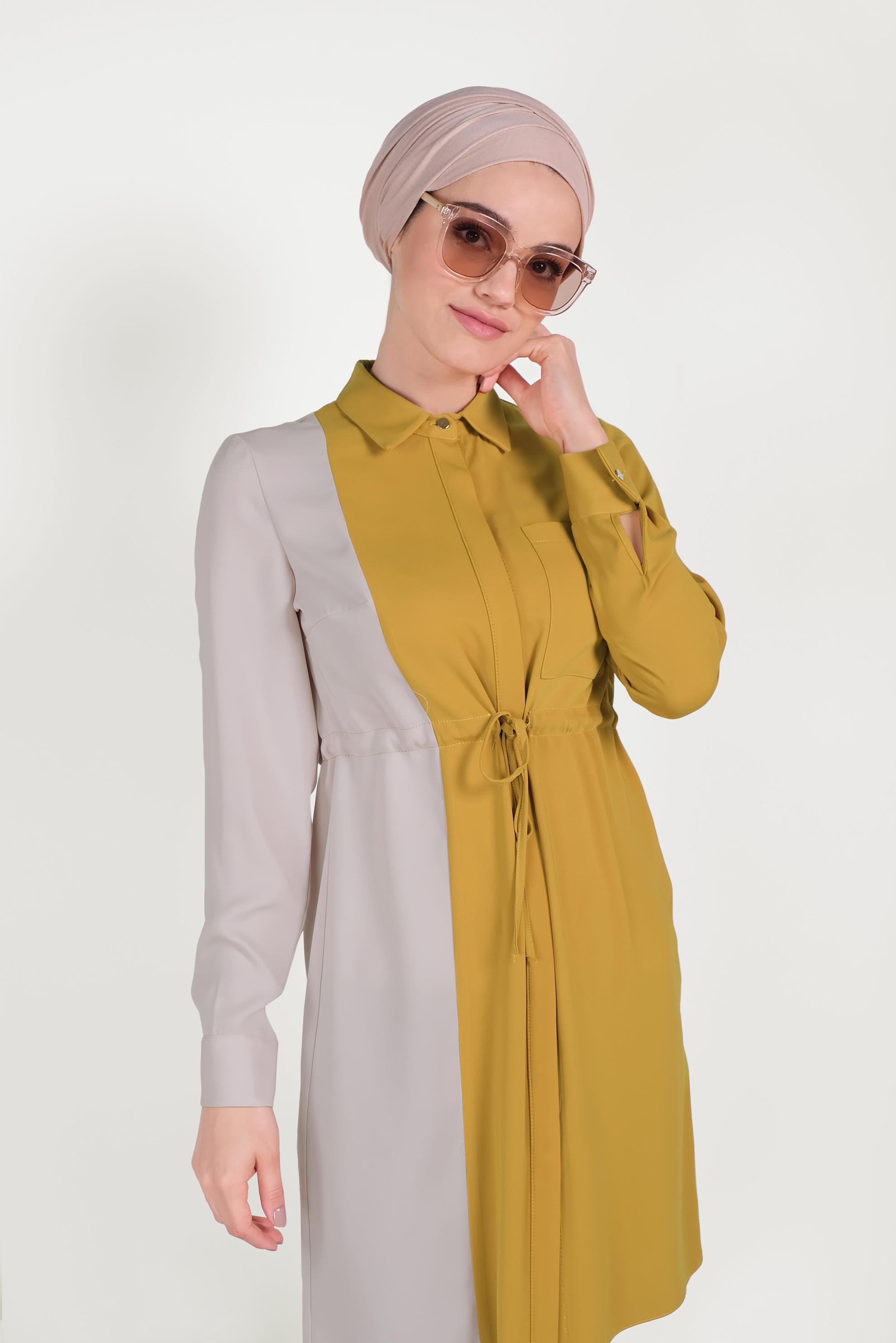 Tesettür giyim SARI PAMUKLU BELİ BÜZGÜLÜ İKİ RENK TUNİK 40560 