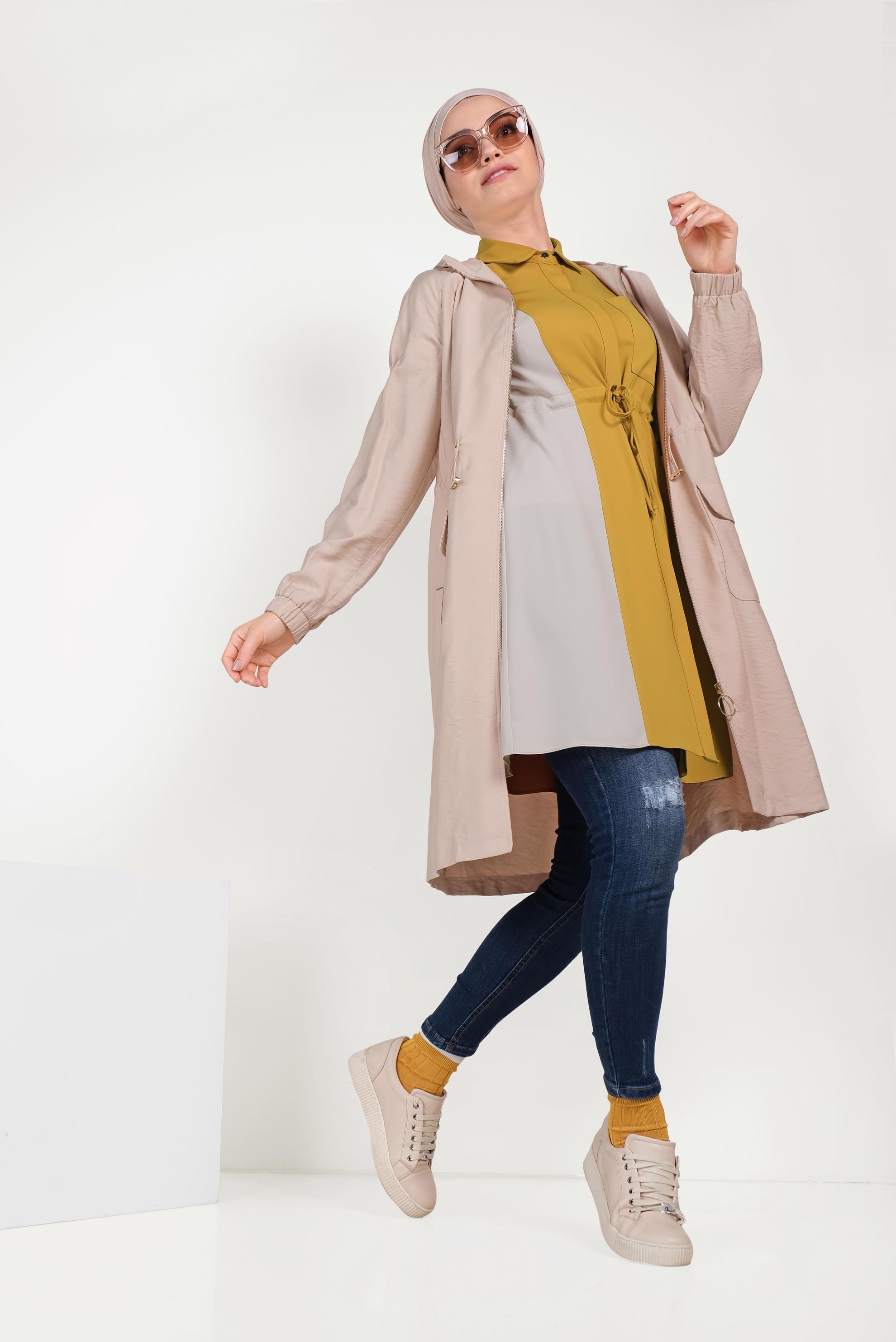 Tesettür giyim SARI PAMUKLU BELİ BÜZGÜLÜ İKİ RENK TUNİK 40560 