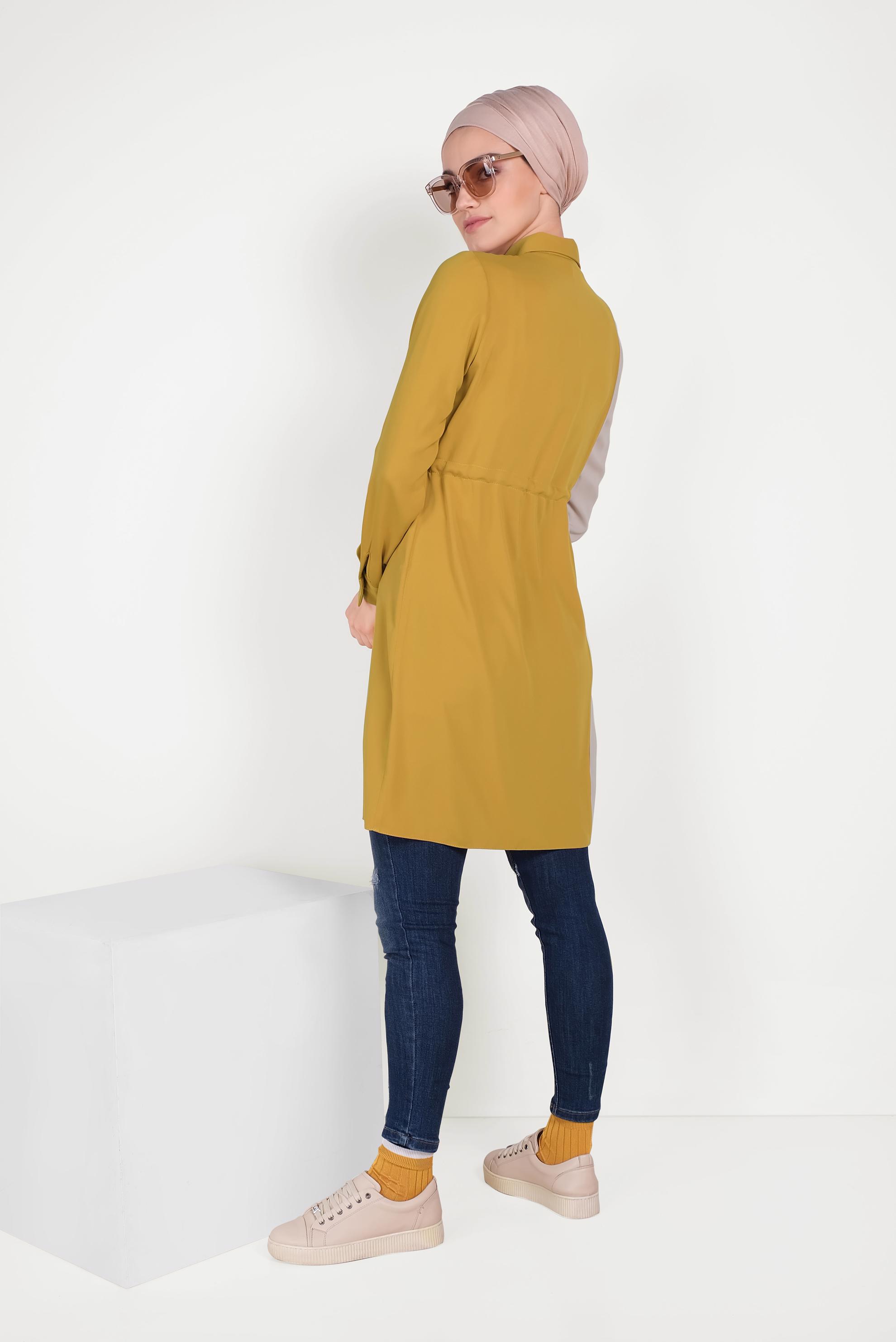 Tesettür giyim SARI PAMUKLU BELİ BÜZGÜLÜ İKİ RENK TUNİK 40560 